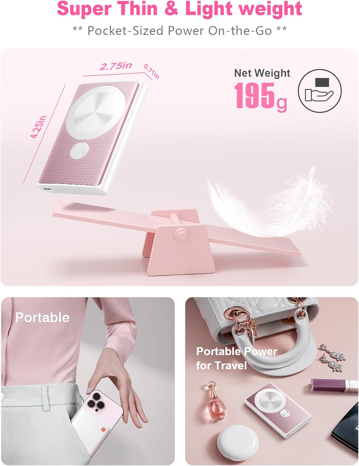 Kesguar Magnetic Portable Charger, 10000mAh 22.5W PD Super Fast Charging Wireless Power Bank. Ultra-Strong Magnet, USB C in&Out Battery Pack for Magsafe, iPhone 16/15/14/13/12 Pro Series, Pink