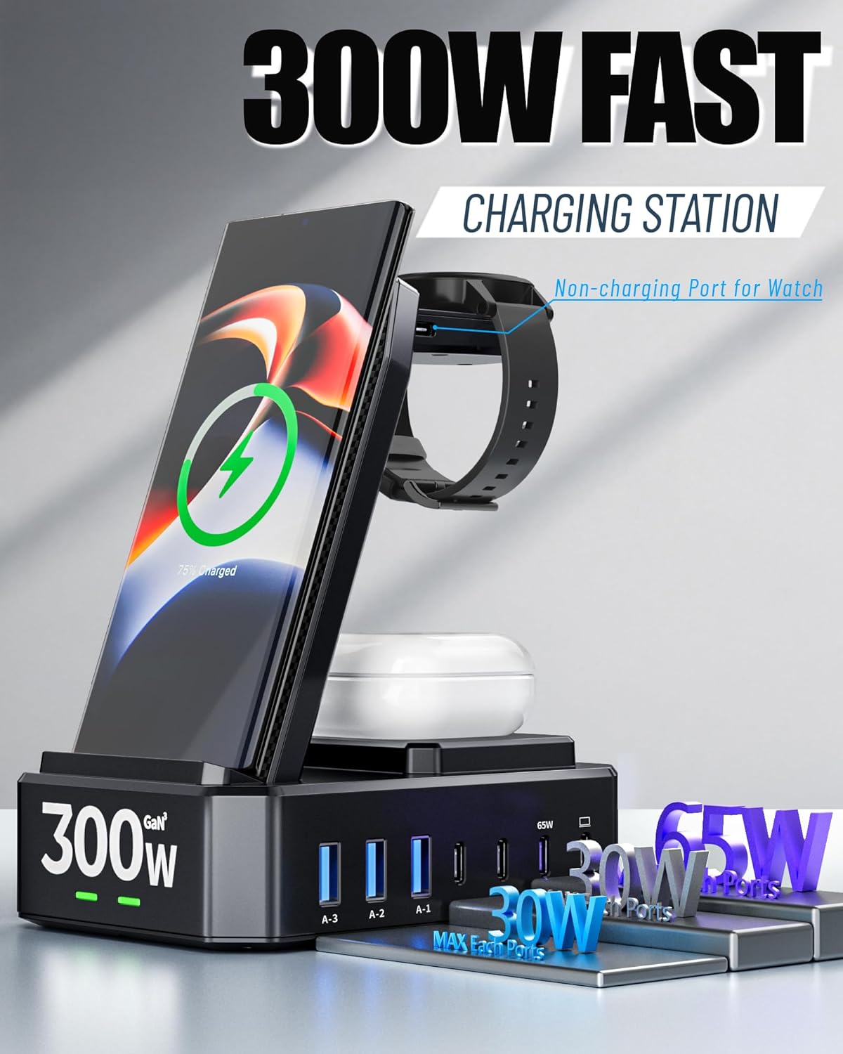 Wireless Charger for Samsung,300W 10 in 1 Wireless Charging Station, 65W USB C Fast Charging Stand for Samsung S25 Ultra/S24/S23/S22/Note 20,Galaxy Watch Ultra7/6/5,Galaxy Buds(Not for Apple Watch)