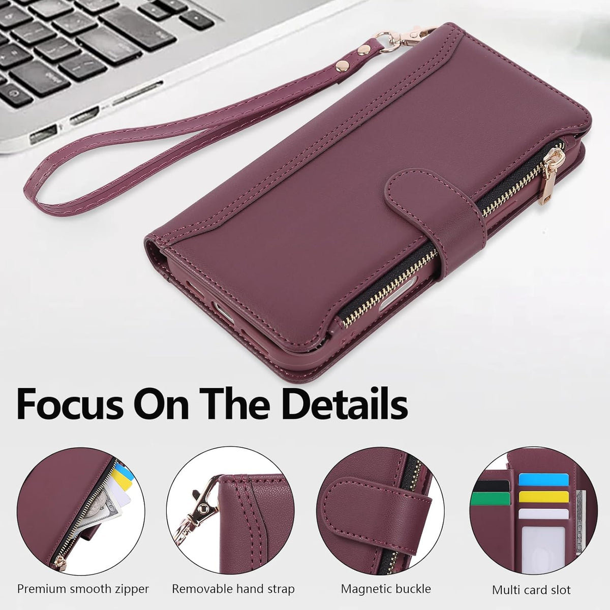 Compatible with iPhone 15 Pro Wallet Phone Case-PU Leather Magnetic Flip Cover with Credit Card Slots,Zipper Pocket & Detachable Wrist Strap,Shockproof Design,for Women and Men-Claret