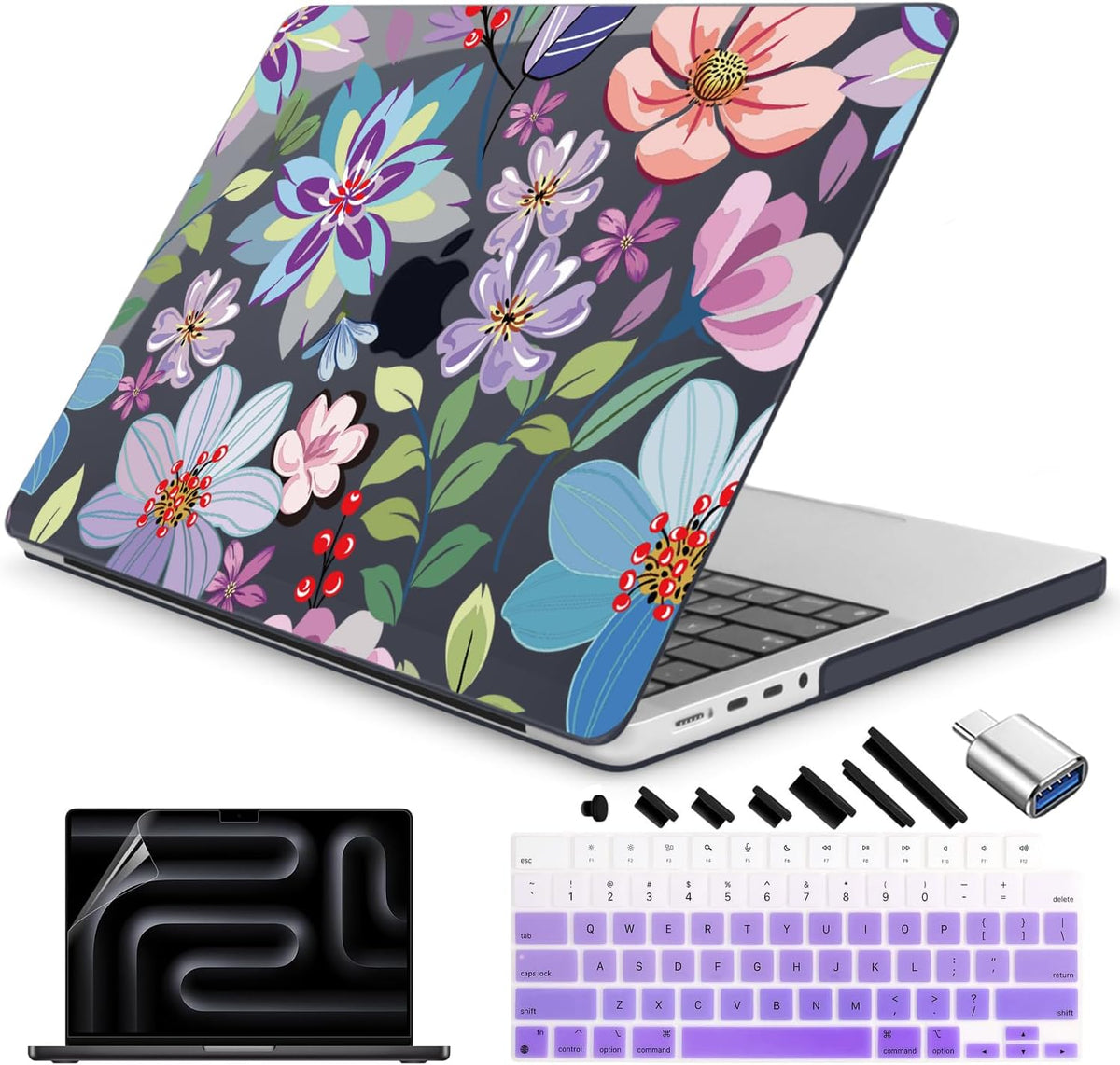 Teryeefi for MacBook Pro 14 inch Case M4 M3 M2 M1 Chip (2025 2024 2023 2021 Release) Model A3112 A3401 A3185 A2918 A2992 A2779 A2442, PC Hard Shell+Keyboard Cover Skin, Pretty Colorful Flower A004