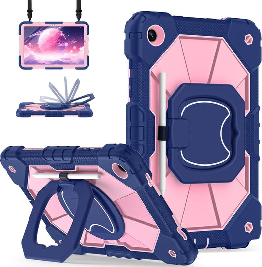for Galaxy Tab A9 Plus Case 11 Inch, Rugged Case for Samsung Galaxy A9+ Tablet with Screen Protector 360 Rotating Stand Shoulder Strap Pen Holder, 2023 Model(SM-X210/X216/218), Navy Rose