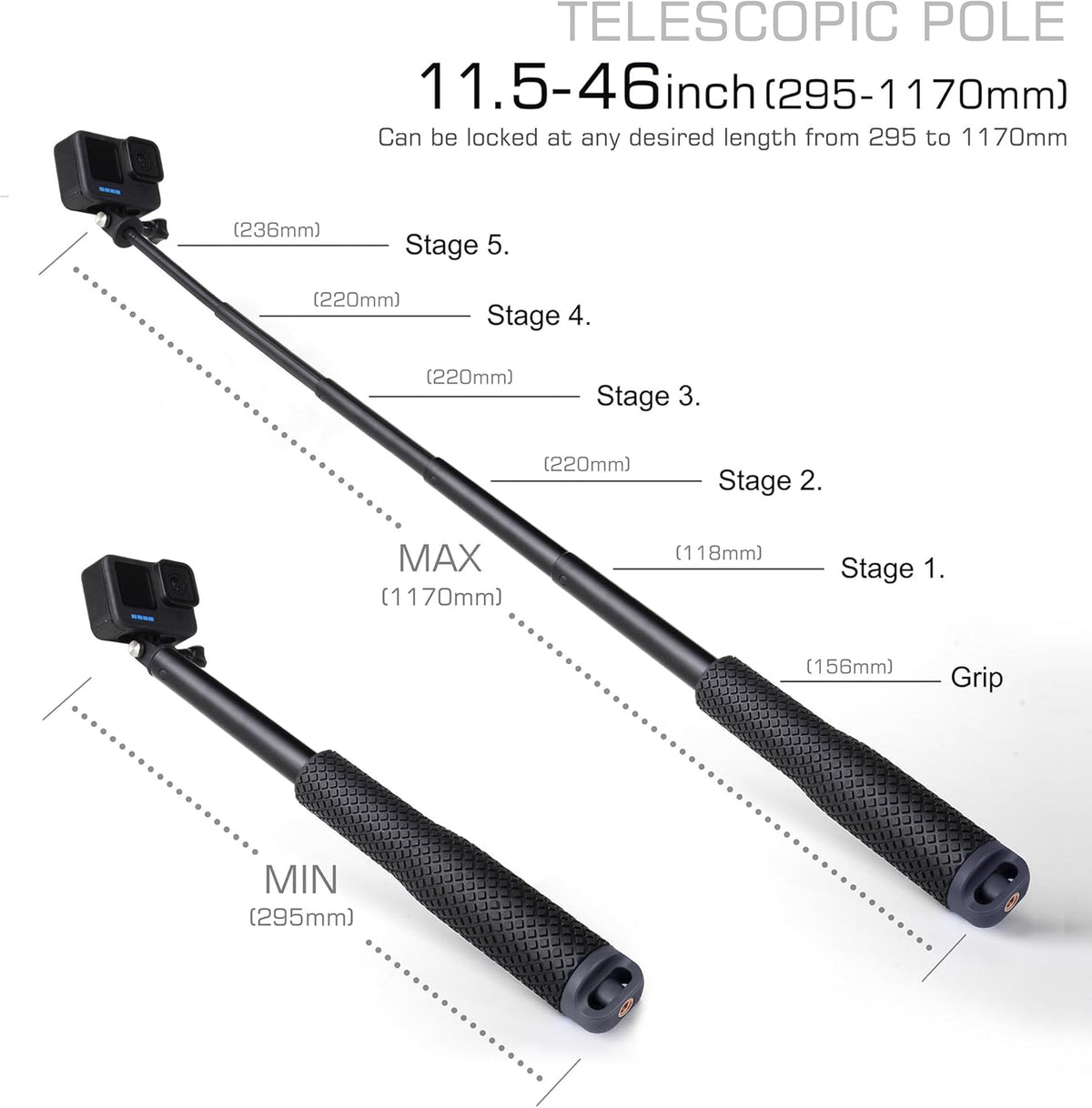 GEPULY 13 12 11 10 9 8 7 6 5 6 5 Waterproof Selfie Stick Pole Hand Grip Adjustable Underwater Monopod for GoPro Hero