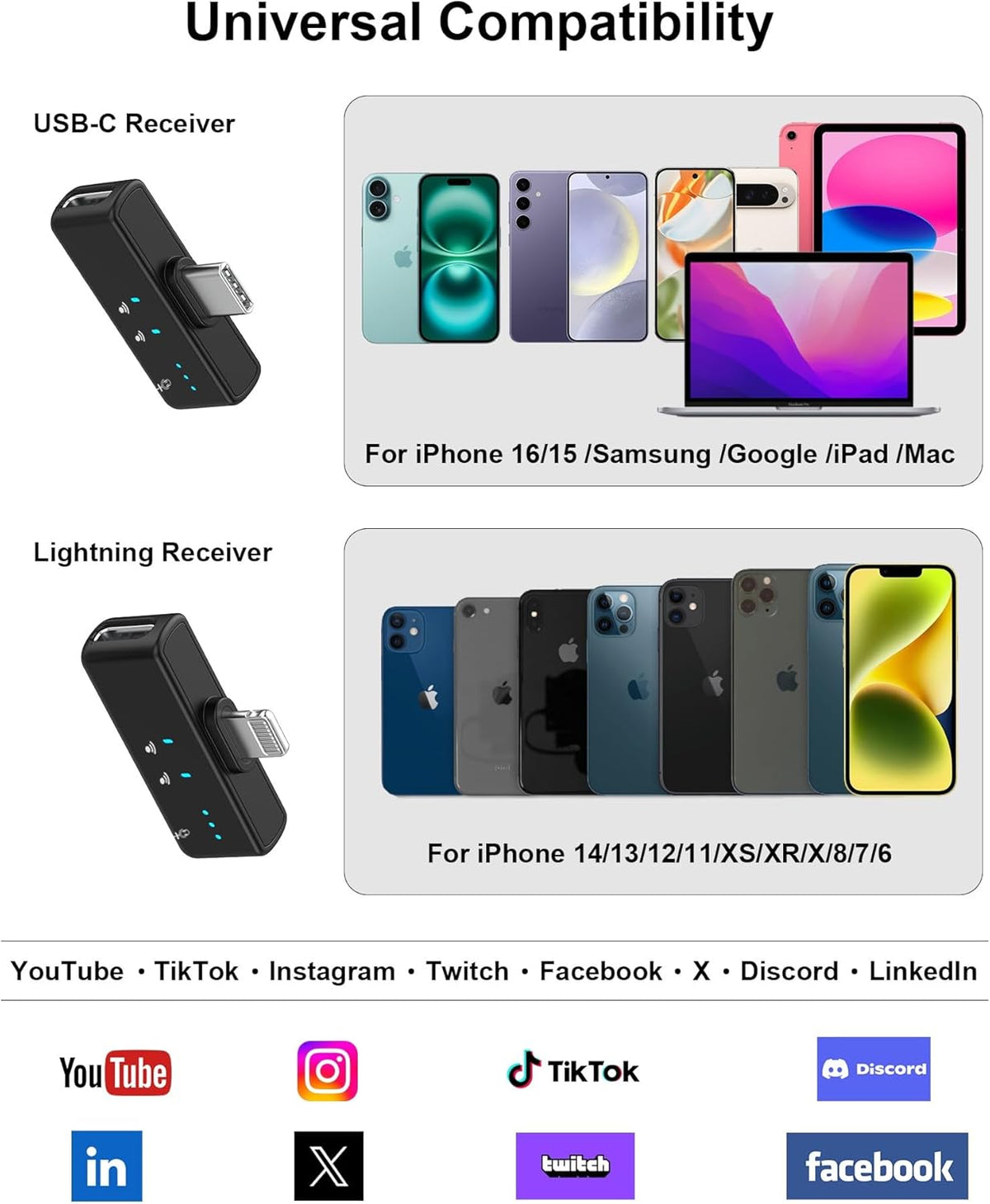 Mini Microphone for iPhone Android, Wireless Mic with 40H Battery, Noise Cancellation, 48KHz 16-Bit, 164ft Range, Magnetic & Clip on Lavalier Microphone for Video Recording, YouTube, Tiktok, Vlogging
