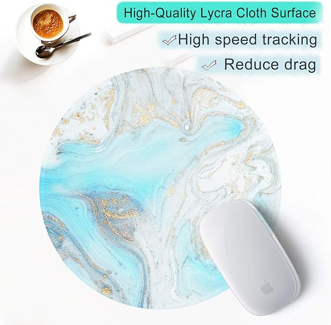 ITNRSIIET Round Mouse Pad with Stitched Edge Premium-Textured Waterproof Non-Slip Rubber Base Desktop Protection Mat Diameter 8.7 inches, Modern Marbling Light Blue