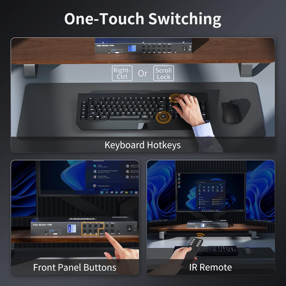 TESmart USB 3.0 HDMI KVM Switch 3 Monitors 4 Computers 4K@60Hz, Headset, Audio&Microphone, EDID emulators, Hotkey Switch, Wired Network, Rack-Ears, 4 Port Triple Monitor KVM Switch with All Cables