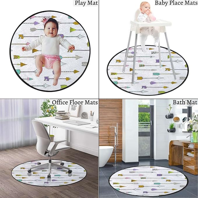 Arrows Round Carpet Playmat - Play Learn and Have Fun SafelyCrawling Mat Educational Soft Rug Shower/Birthday Gift Geometric Colorful Arrows PatternCharcoal Grey Gold Diameter 47.2 in