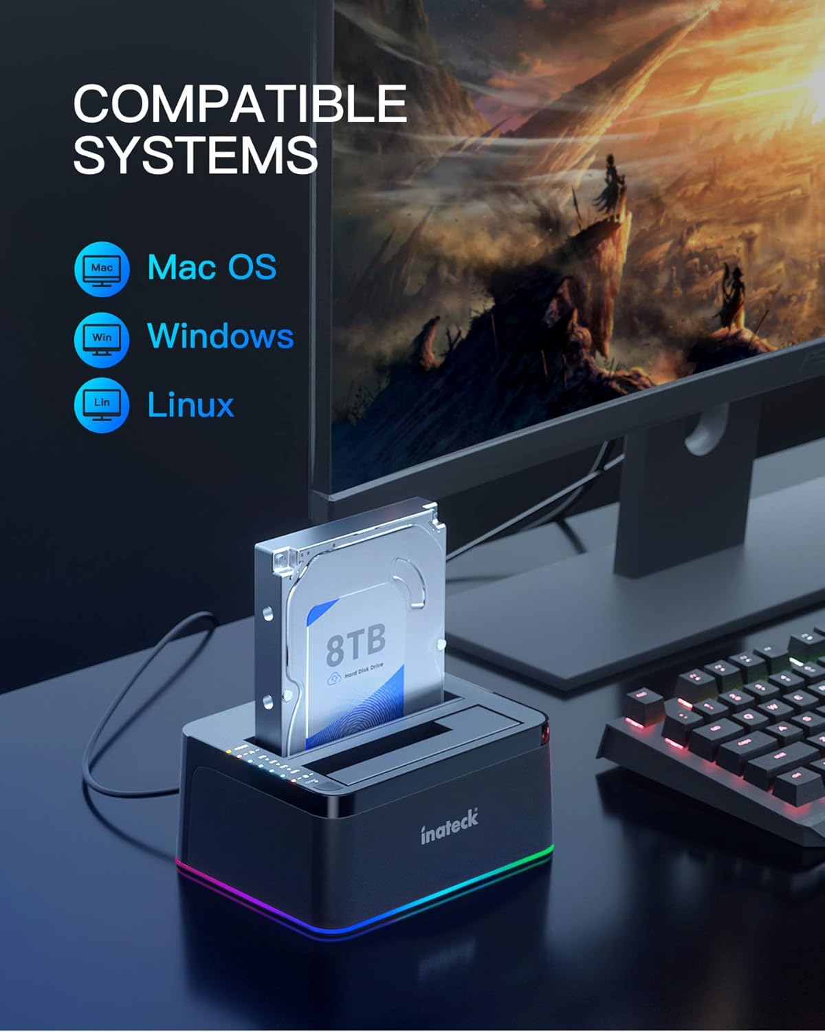 Inateck 3.0 2.5 3.5 Inch SA02003 RGB SATA to USB Hard Drive Docking Station with Offline Clone, for and HDDs and SSDs