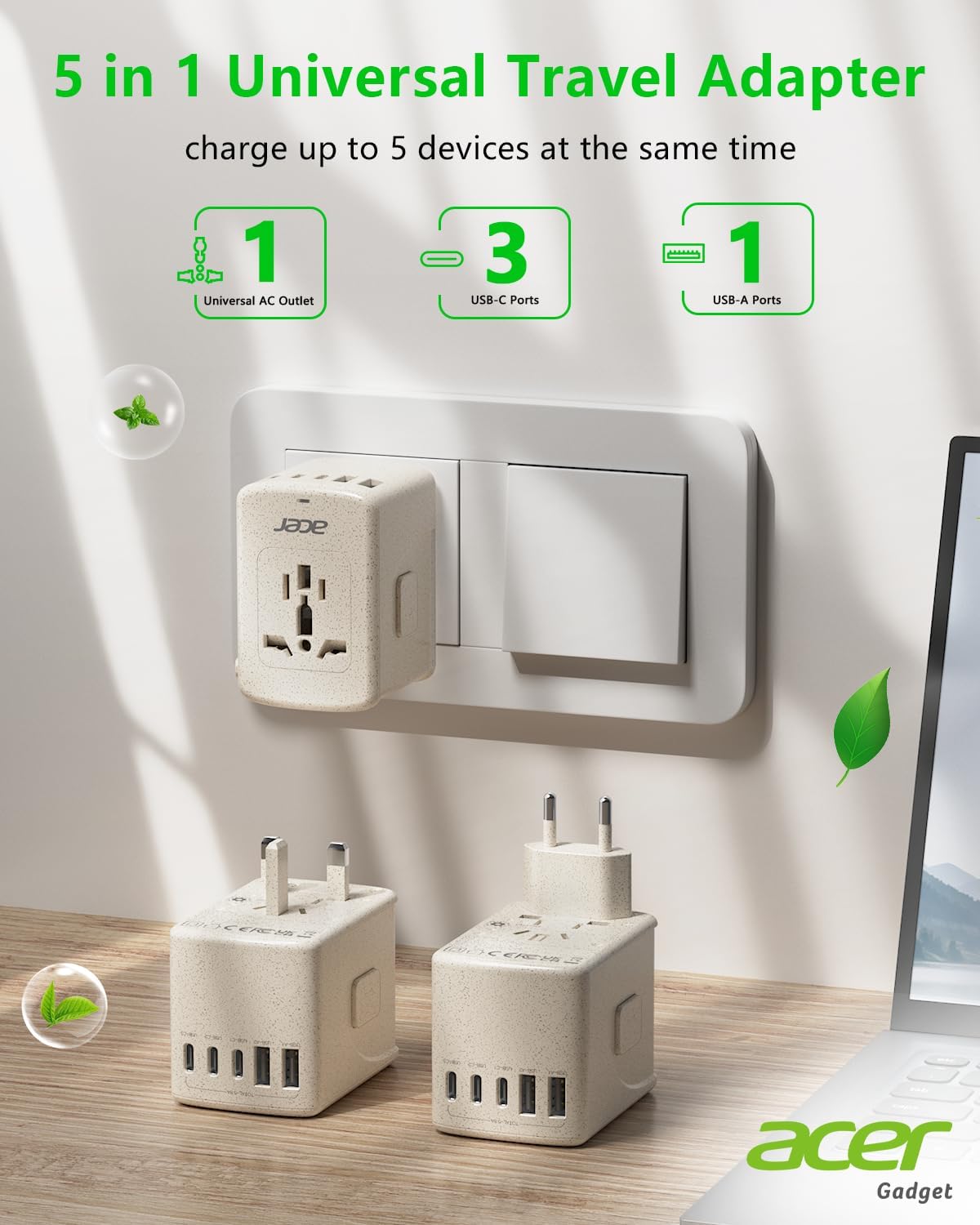 Acer Universal Travel Plug Adapter - International Power Adapter with 5 USB Ports (3 USB C) 5.8A, Worldwide Outlet Charger for USA to European UK France Germany Spain, Type C/E/F/G/I/L/A,Beige