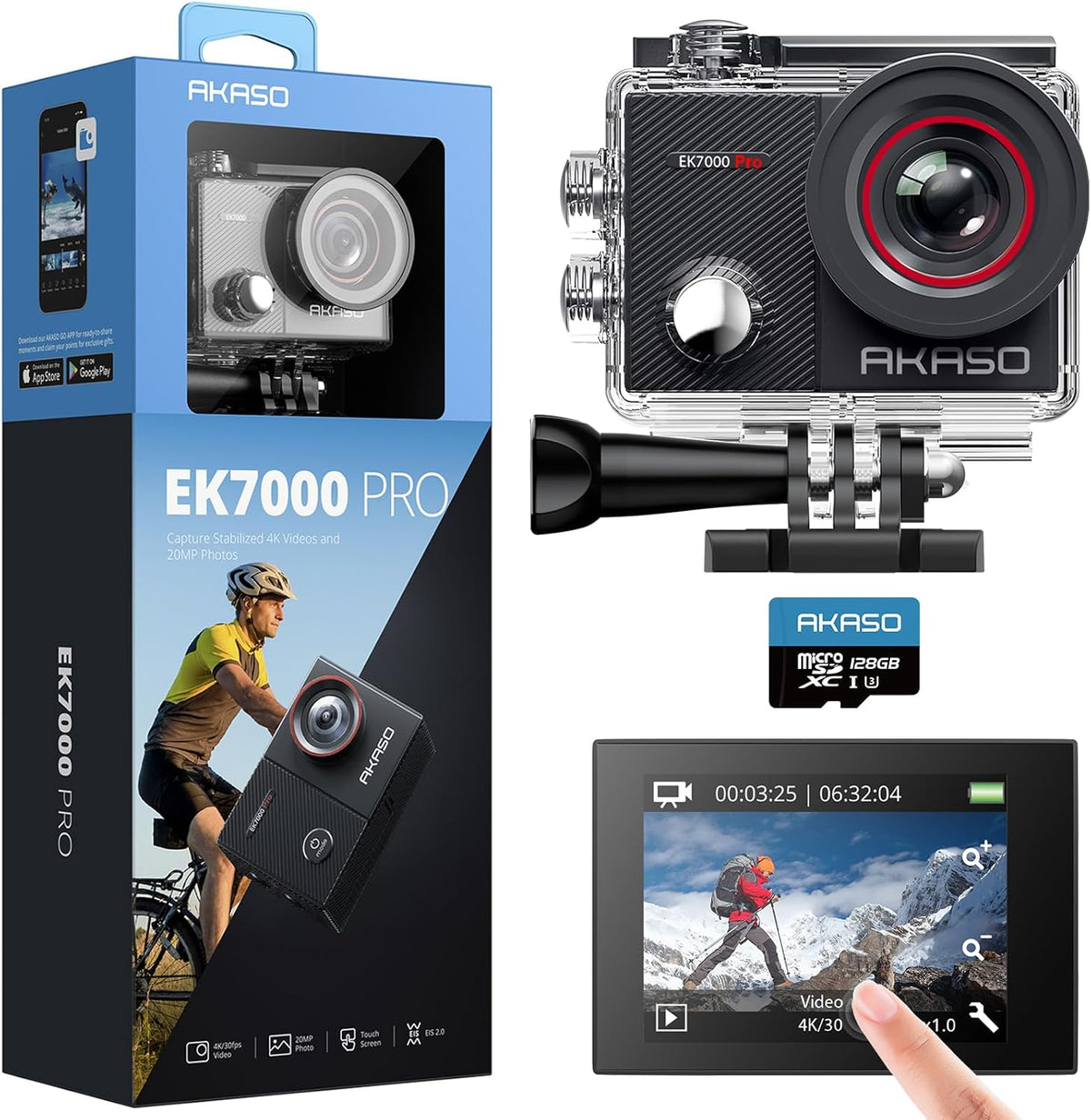 AKASO EK7000 Pro 4K30fps Action Camera with Touch Screen EIS 131ft Waterproof Underwater Camera Remote Control 5X Zoom with Helmet Accessories Kit (with 128GB MicroSD Card)