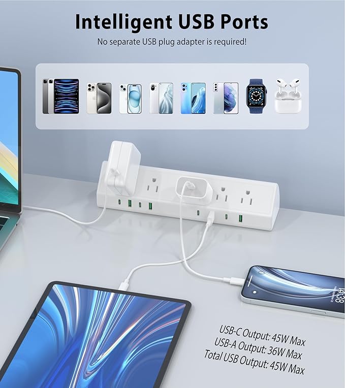 Jgstkcity Desk Clamp Power Strip USB C 45W,8 USB,15FT Cable,White