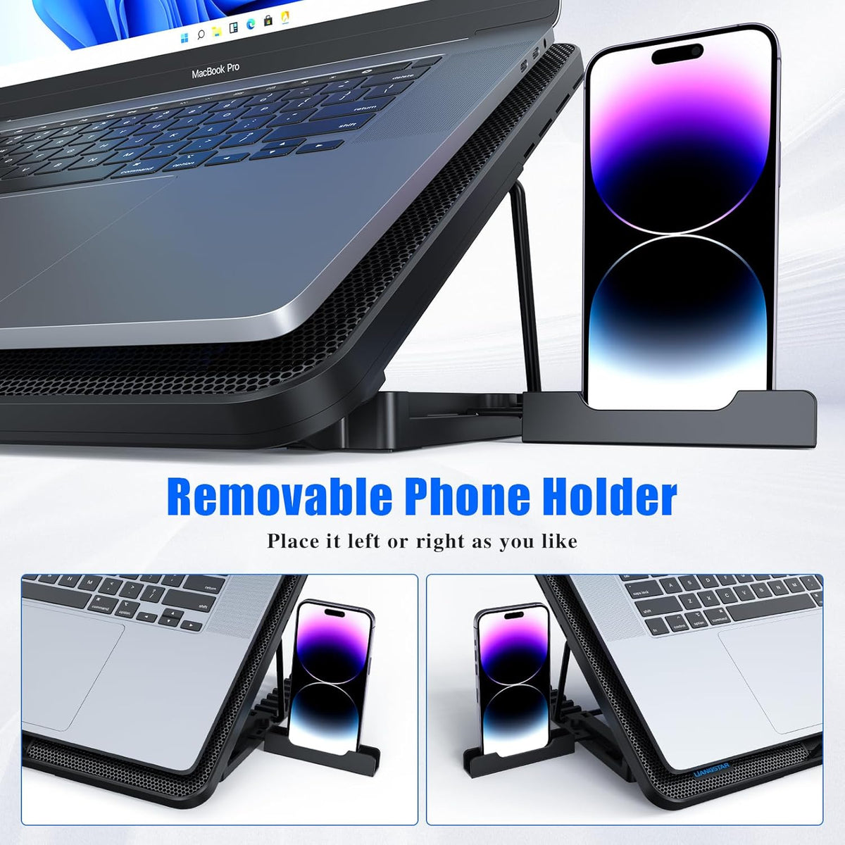 LIANGSTAR Laptop Cooling Pad, Laptop Cooler with 8 Quiet Fans for 12-17 Inch Gaming Laptop Fan Cooling Pad Stable Stand 7 Height & Wind Speed Adjustable, 2 USB Port & Phone Holder