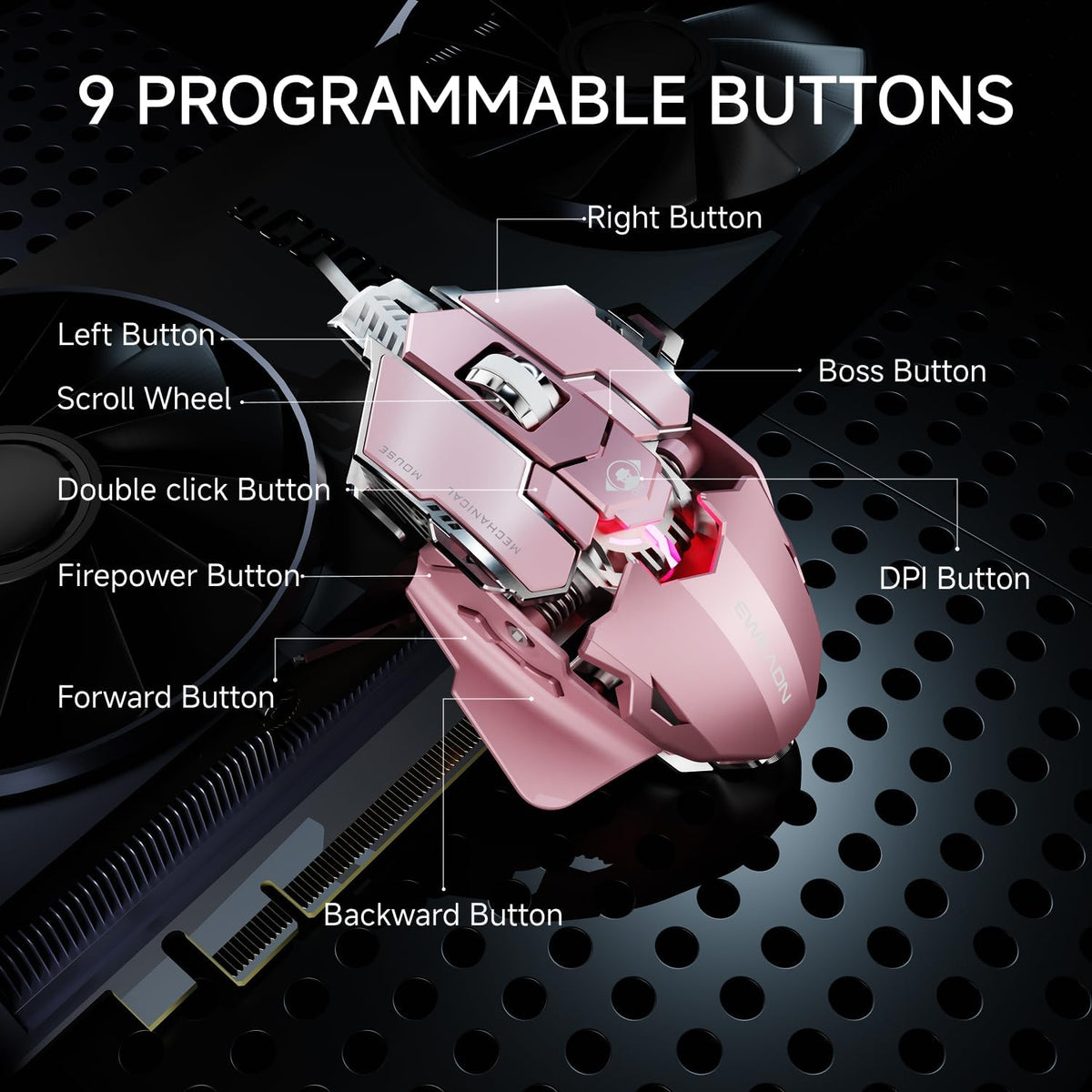 EWEADN G5 Wired Gaming Mouse, Ergonomic RGB Computer Mouse, 12800 Adjustable DPI, 9 Programmable Macro Buttons with Rapid Fire Key Compatible for PC/Laptop/Windows-Pink