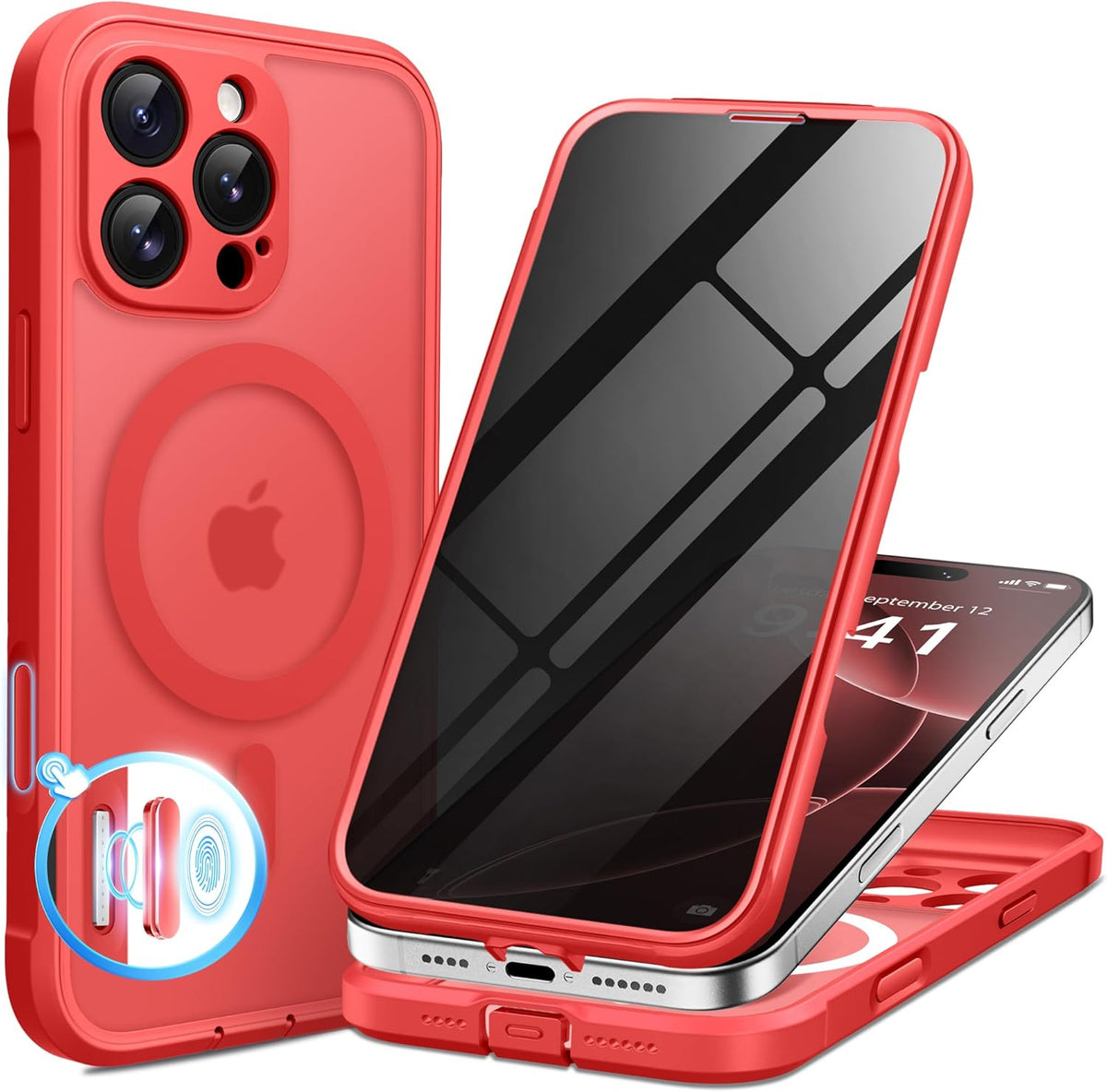 BERFY Magnetic for iPhone 16 Pro Max Case, Compatible with MagSafe, Built-in Privacy Screen Protector and Upgraded Camera Protection, Anti-Spy Full Body Shockproof Phone Case for 16 Pro Max 6.9", Red