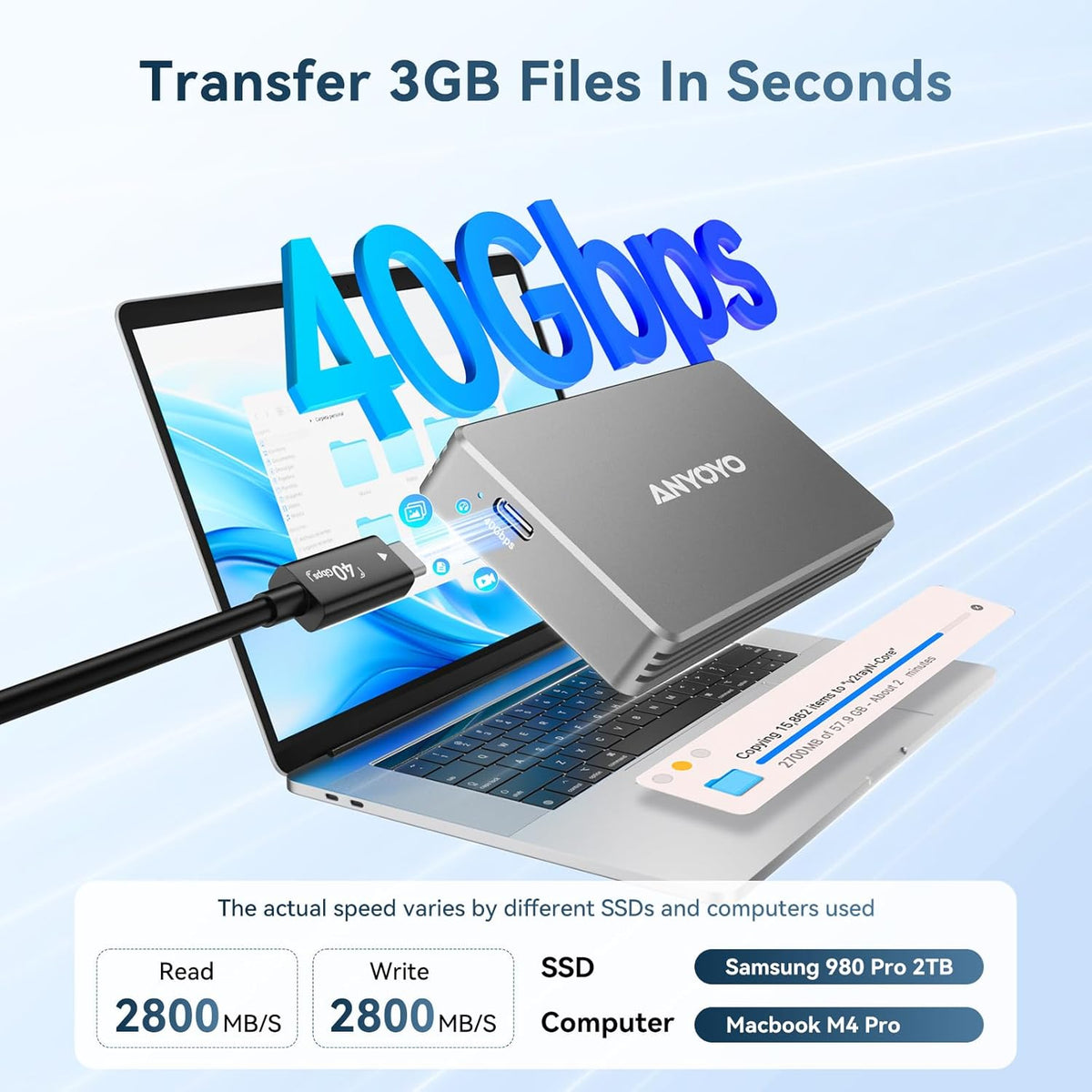 ANYOYO 40Gbps M.2 NVMe SSD Enclosure with Aluminum Alloy for M1 M2 Pro/Max, NVMe Enclosure Compatible for Thunderbolt 3/4/5/USB4/3.2/3.1 Support M/B+M Key Size 2230/2242/2260/2280 up to 2700 MB/s