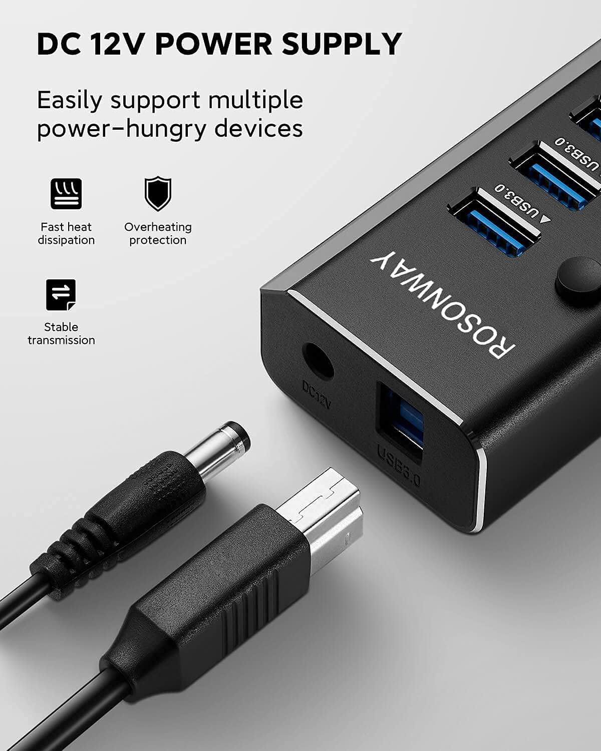 USB Hub 3.0 Powered Rosonway Aluminum 7 Ports USB 3.0 Data Hub Splitter with 24W (12V/2A) Power Adapter and Individual On/Off Switches USB Port Expander for PC and Laptop (RSH-A37S)