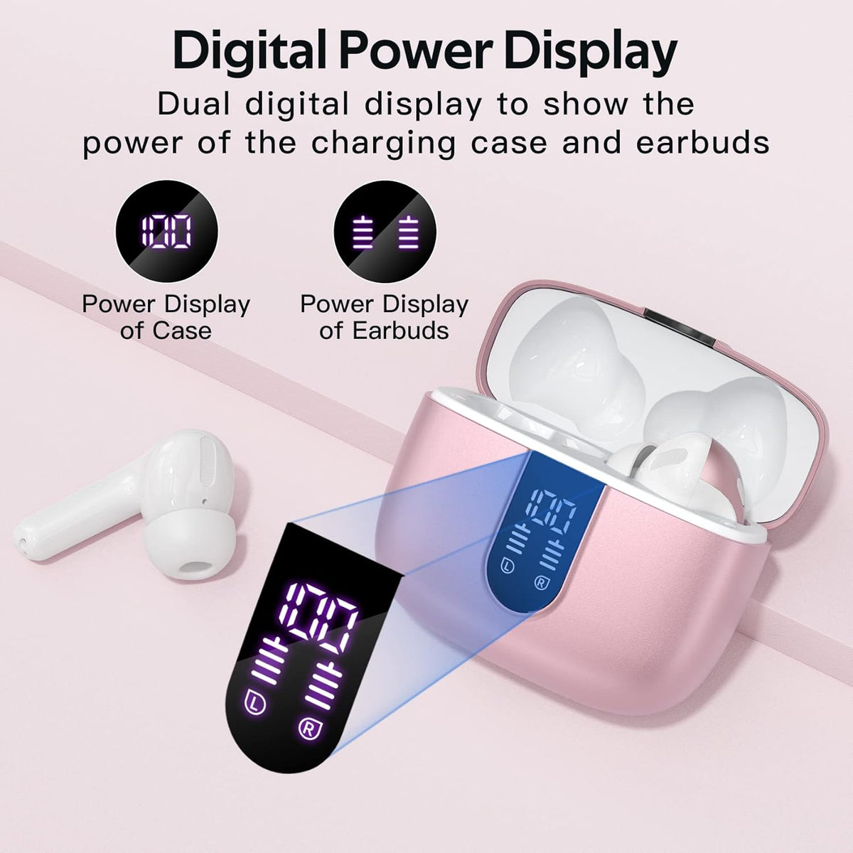 TAGRY Bluetooth Headphones True Wireless Earbuds 60H Playback LED Power Display Earphones with Wireless Charging Case IPX5 Waterproof in-Ear Ear buds with Mic for TV Smart Phone Laptop Computer Sports