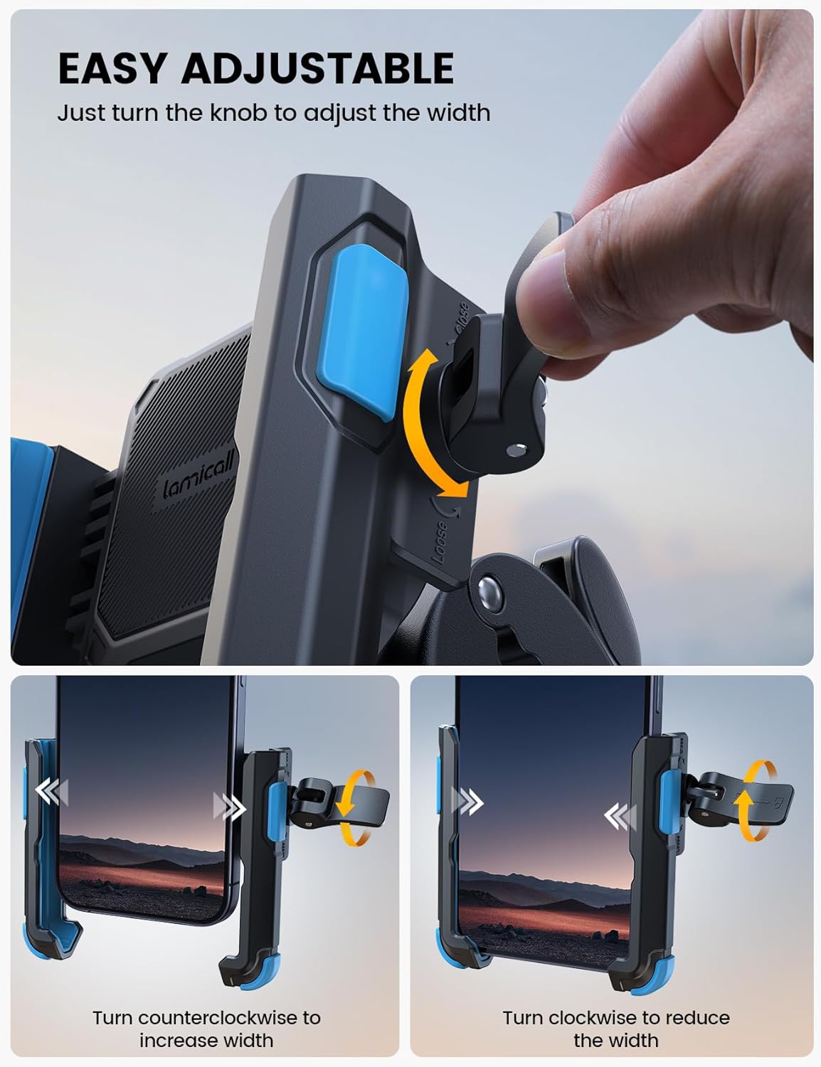 Lamicall Motorcycle Phone Mount Holder - [Camera Friendly] [1s Lock] Bike Phone Holder Handlebar Clamp, Bicycle Scooter Phone Clip, for iPhone 16 Pro Max, 15 14 13, Galaxy S25, 4.7-7" Phones, Blue