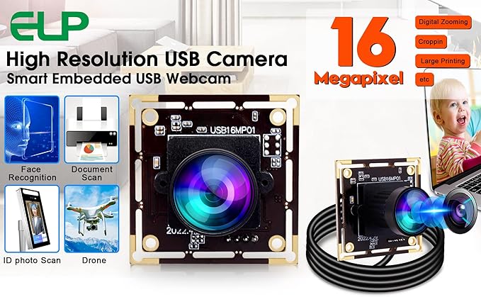 ELP 16MP Wide Angle USB Camera Module with 170degree Fisheye Lens for Raspberry Pi Computer 4K Mini UVC USB2.0 Video Webcam Board Industrial PC Lightburn IMX298 Laptop ELP-USB16MP01-L170