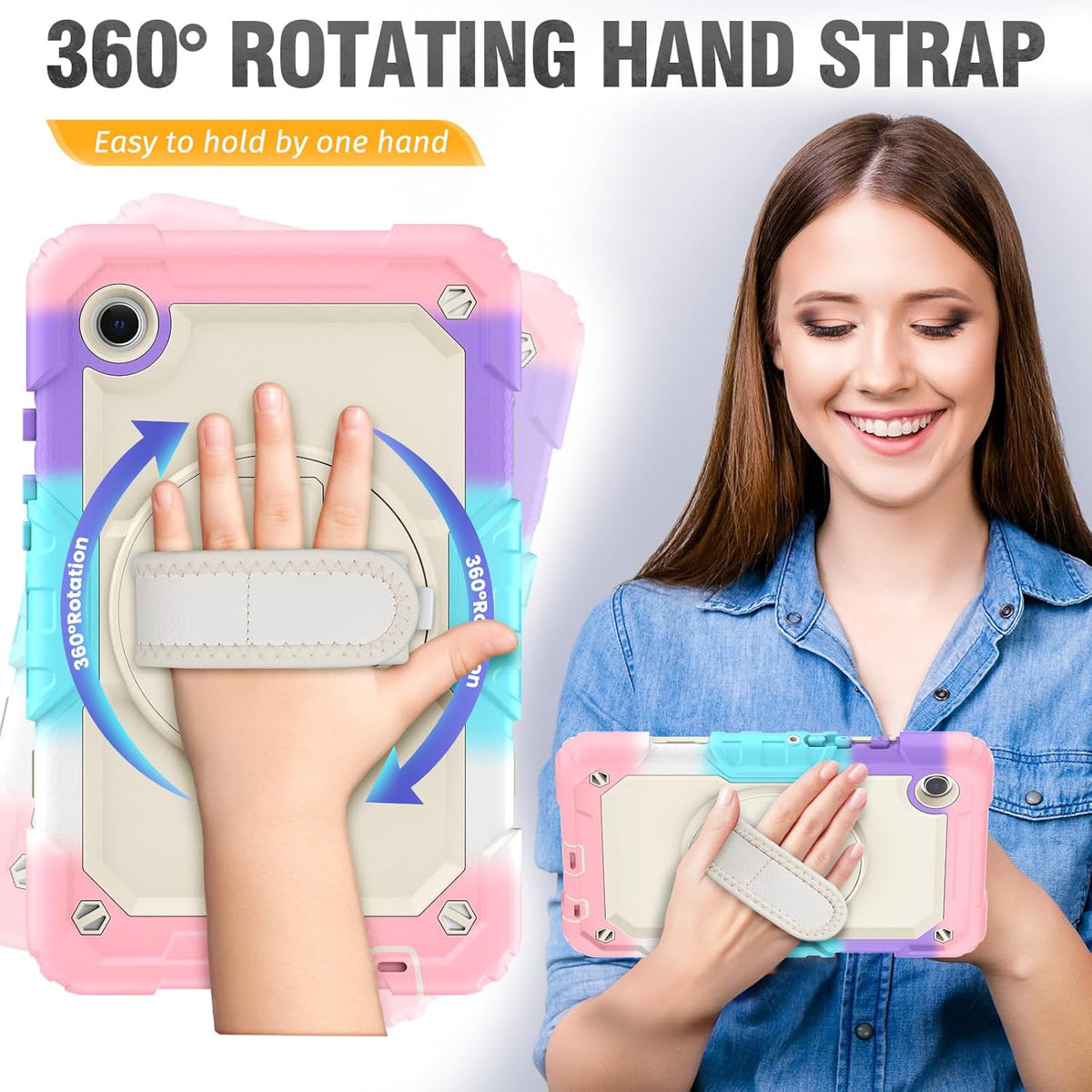 HXCASEAC Case for Samsung Galaxy Tab A9 8.7 Inch, Protective with Screen Protector/Hand Strap/Pen Holder, Sturdy Shockproof for Samsung A9 Tablet Case SM-X110 SM-X115 SM-X117 - Pink