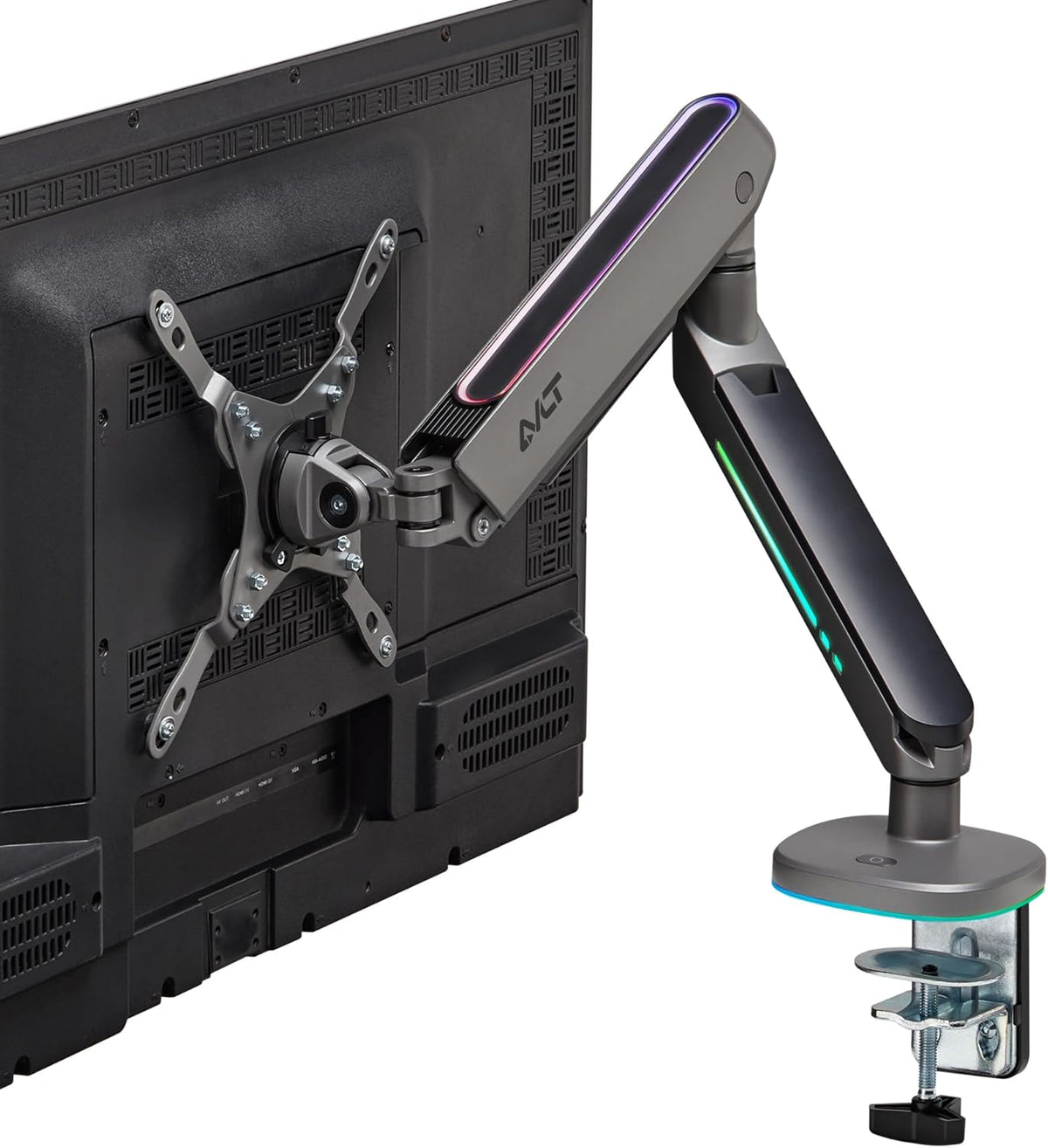 AVLT Single 27”-45” RGB Gaming Monitor Arm Desk Mount Built-in 20 Lighting Modes Touch Button Control Fits Flat/Curved/Ultrawide Screens Height Swivel Tilt Rotation Adjustable Stand -Dark Gray