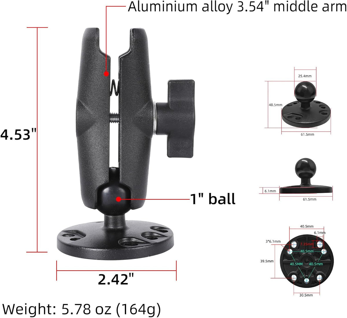 1" Ball Double Socket Arm with AMPS Hole Round Plate Base, Aluminum Alloy Arm&Drill Base, Compatible with RAM Mounts 1 Inch Ball Components, for Bike Car Motorcycle Phone Mount (4.53" Length)