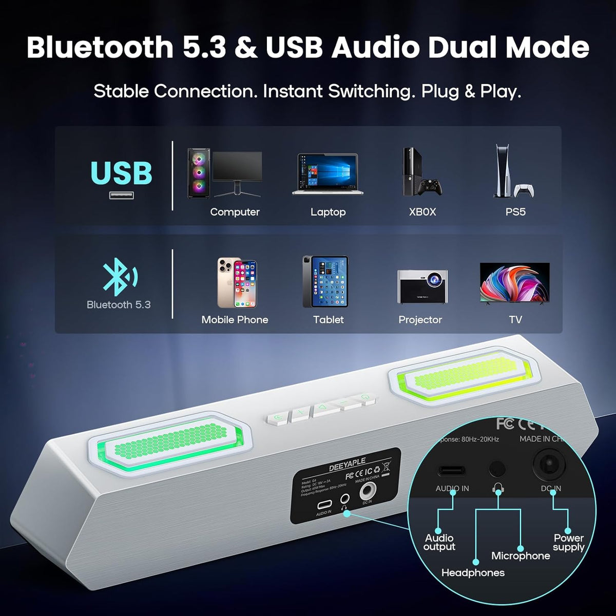 Deeyaple Computer Speakers, 40W Wireless Soundbar for Desktop PC with Bluetooth 5.3 & USB Audio, Dynamic RGB Lighting, Software Custom EQ, External Power Adapter Gaming Speakers, Laptop, Xbox White