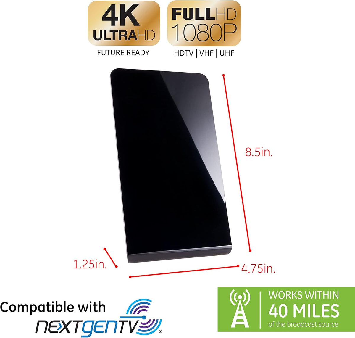 GE 4K 1080P 5ft 33681 Flat Panel Indoor HD Digital TV Antenna, Long Ran Smart TV Antenna, Supports HD Smart TV VHF UHF