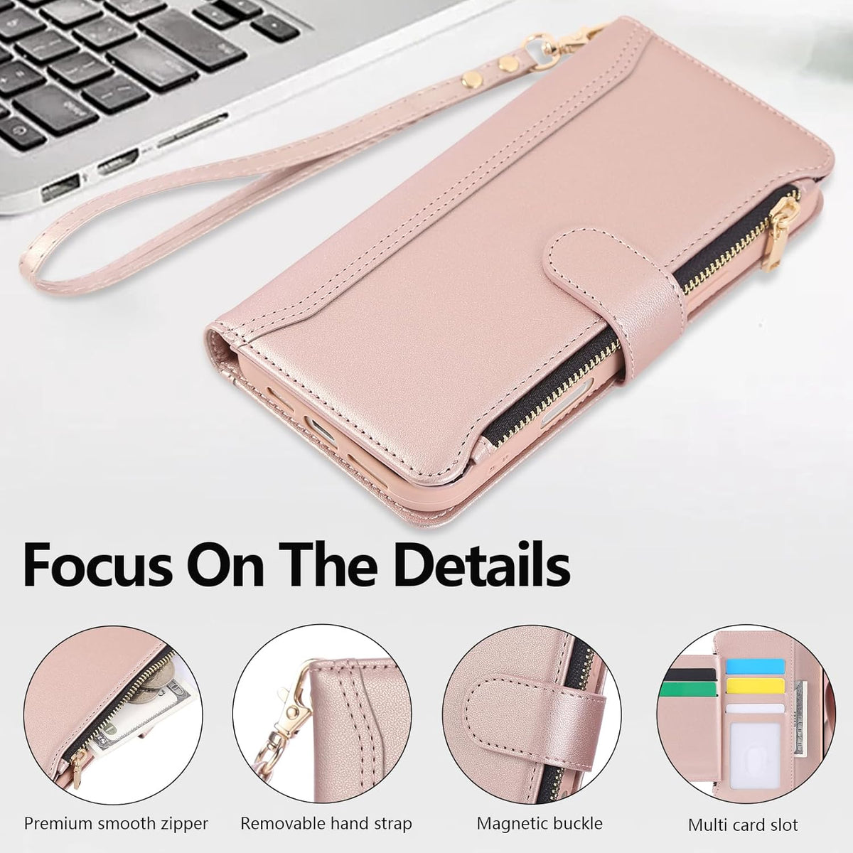 Compatible with iPhone 15 Pro Max Wallet Phone Case-PU Leather Magnetic Flip Cover with Credit Card Slots,Zipper Pocket & Detachable Wrist Strap,Shockproof Design,for Women and Men-Pink