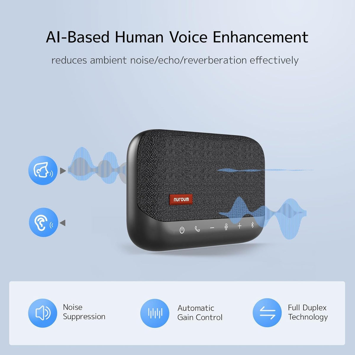 NUROUM A15 Conference Speaker and Microphone, Portable Bluetooth Wireless Speakerphone, 360° Noise Cancelling Voice Pickup, Daisy Chian for Calls/Computer/PC/Laptop via Bluetooth/Dongle/USB-A/C Grey