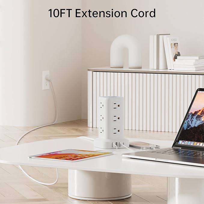 Power Strip with 12 Outlets 4 USB (1 USB C), 10Feet Extension Cord with Multiple Outlets, Charging Station, Power Strip Tower, Home Office Desk Supplies