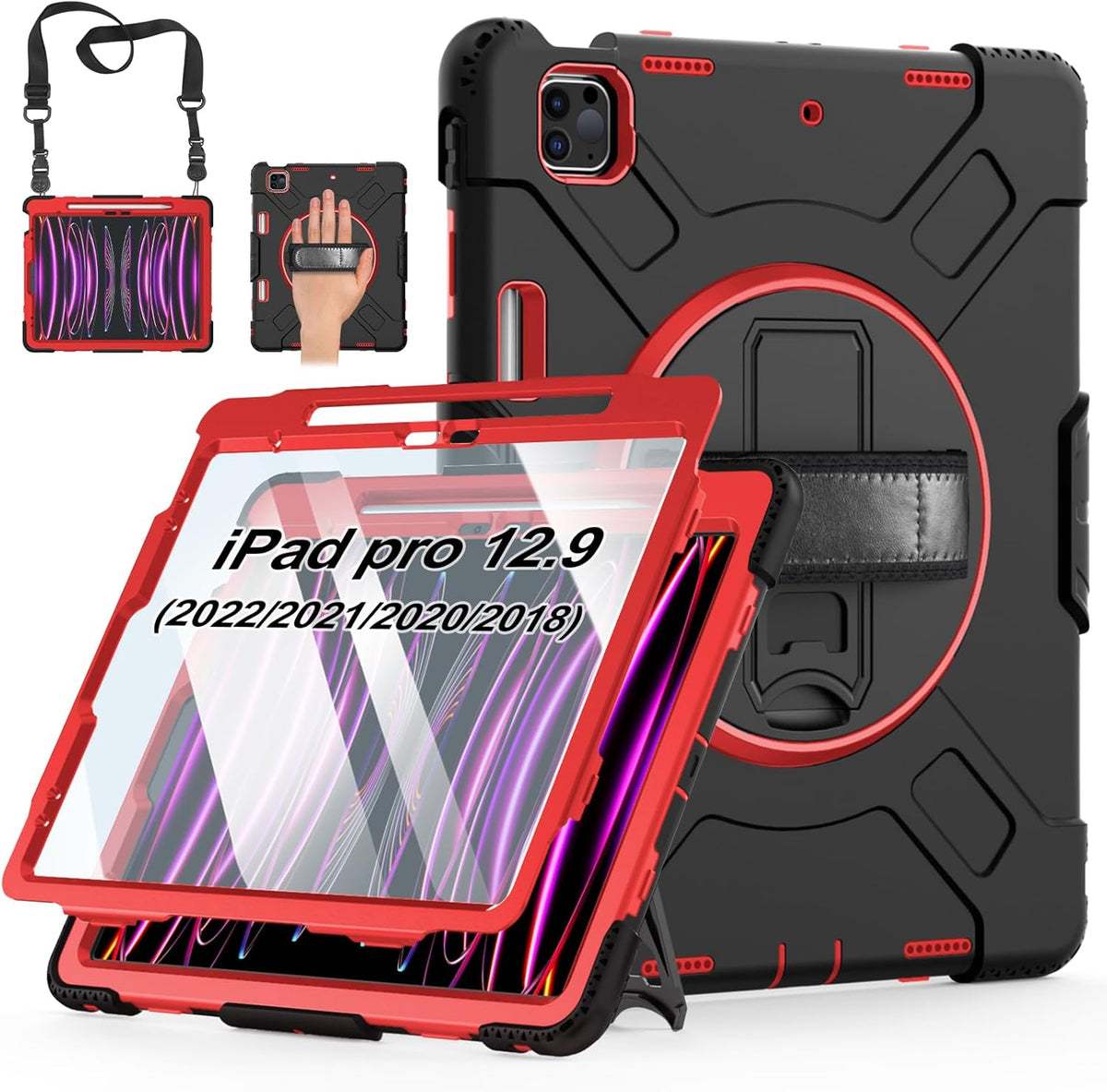 Case for iPad Pro 12.9 2022/2021/ 2020/2018: Cover for iPad Pro 12.9 6th/ 5th/ 4th/ 3rd Generation with Screen Protector- Stand- Pencil Holder- Handle- Shoulder Strap Red+Black