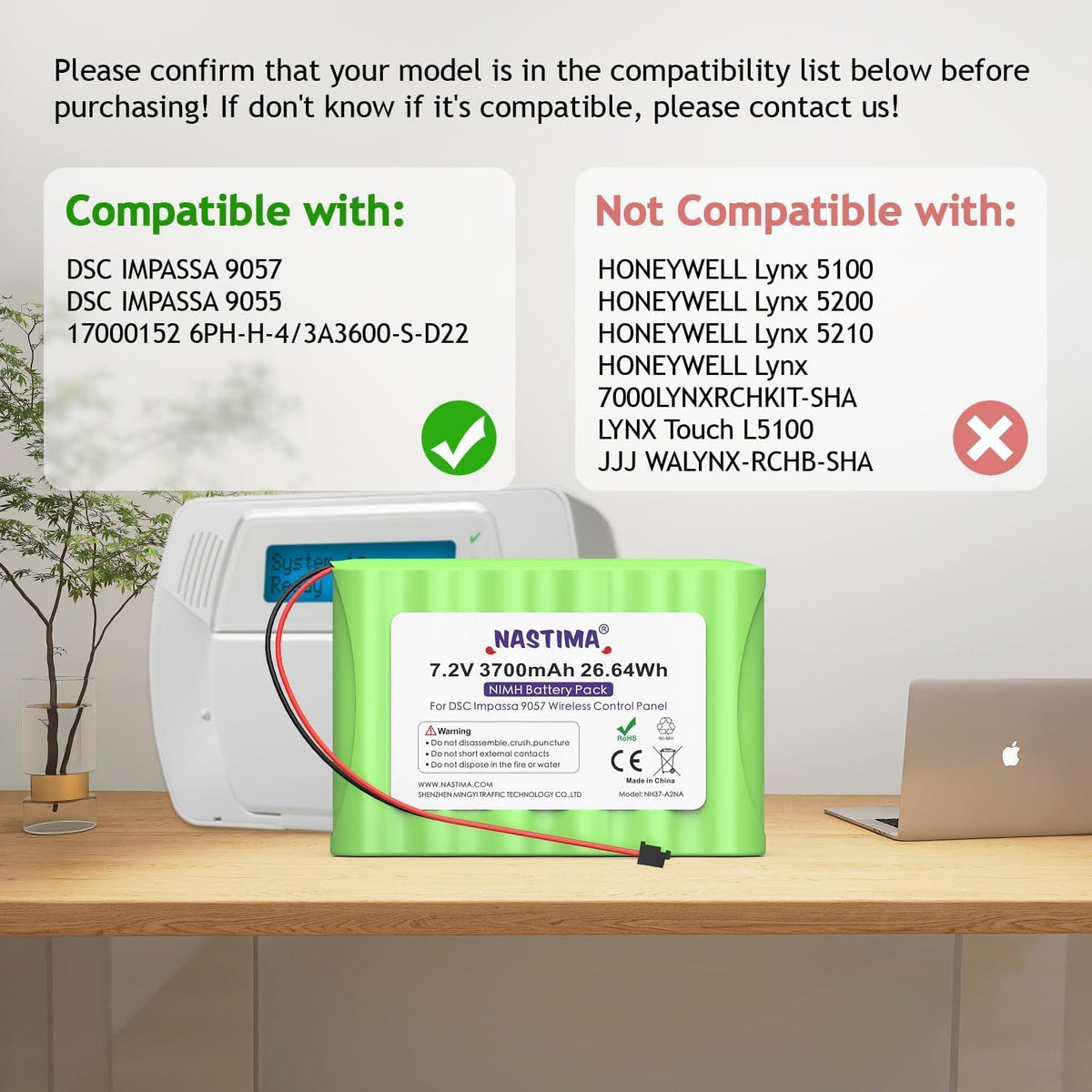 NASTIMA NIMH Battery Replacement for ADT DSC IMPASSA 9057 SCW9055 SCW9057 BH7236-SS 17000145 17000152 Wireless Home Security System | 7.2V 3700mAh