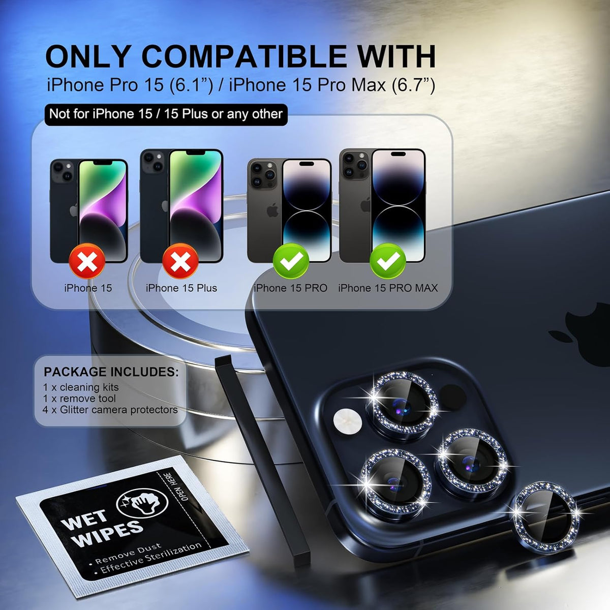 Choiche Compatible for iPhone 15 Pro/iPhone 15 Pro Max Camera Lens Protector Bling, 9H Tempered Glass Camera Cover Screen Protector Metal Ring Decoration Accessories (Glitter-Blue)