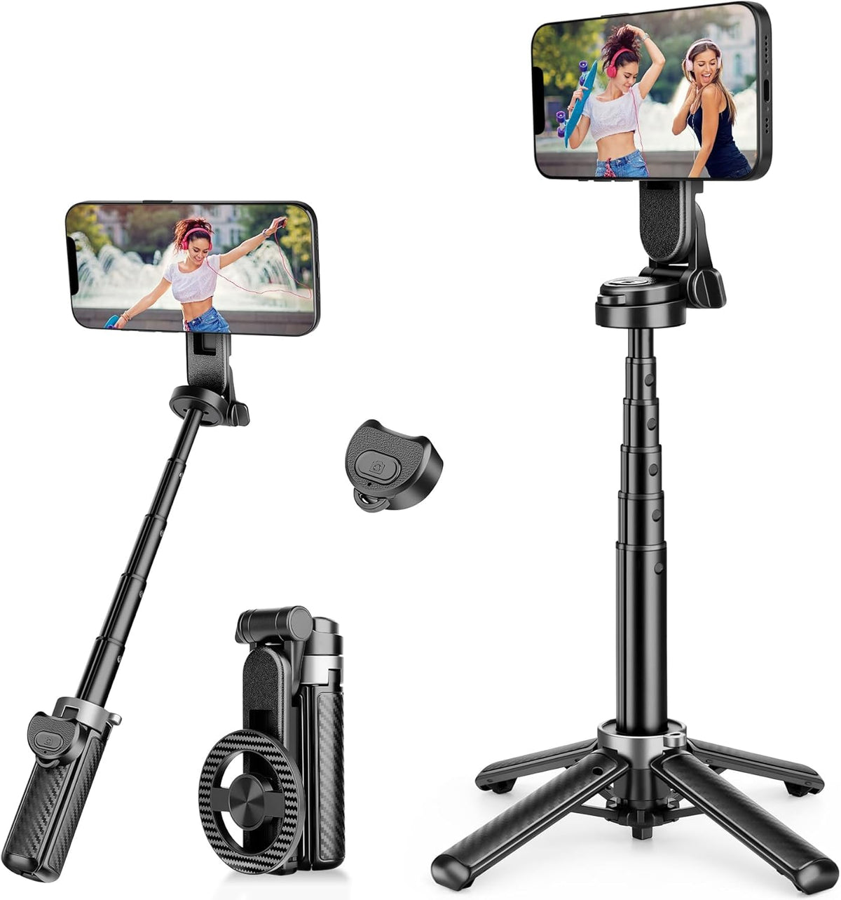 Magnetic Tripod for Phone with Remote Control, 3-in-1 Selfie Stick Handle Grip 360°Rotation Extendable Stand for iPhone Android Phones