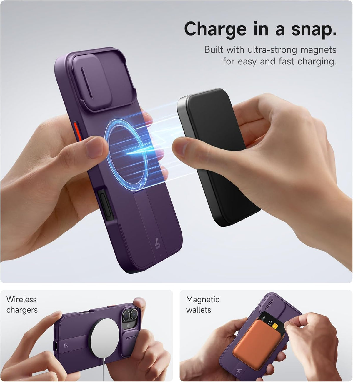 SURITCH for iPhone 16 Plus Case with Magnetic Camera Slide Cover and Adjustable Kickstand, Compatible with MagSafe, Shockproof Bumper Case Slim Protective Cover for iPhone 16 Plus 6.7 Inch,Dark Purple