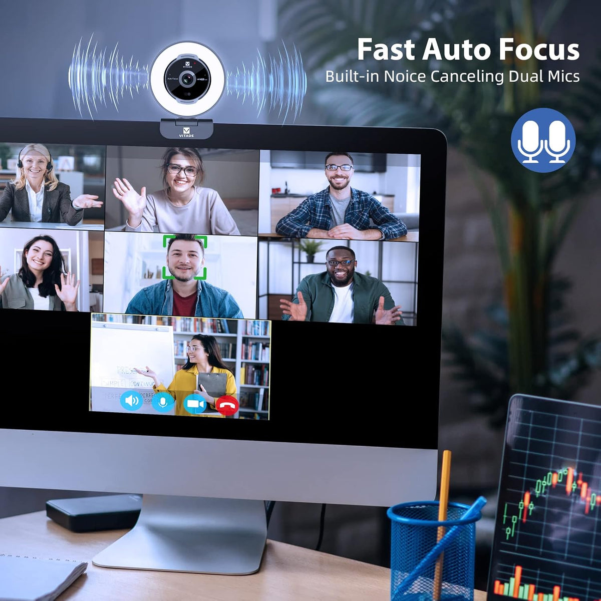 Zoomable Webcam with Remote Control, 1080P 60FPS Streaming Webcam with Adjustable Ring Light and Tripod, Pro USB 5X Digital Zoom Webcam for Zoom/Skype Teams/Laptop/Mac Windows