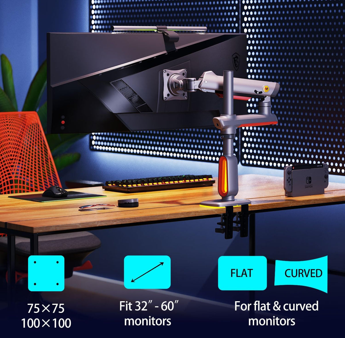 RGB Gaming Monitor-Arm for Flat/Ultrawide/Curved Monitors 32 to 60 inch, Heavy Duty Stand Load up to 20 kg, VESA 75/100 mm Monitor-Mount L70