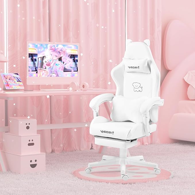 White Dog Gaming Chair - Kawaii Design for Competitive Gamers &amp Adults Ergonomic High Back with Lumbar Support 310lbs Capacity
