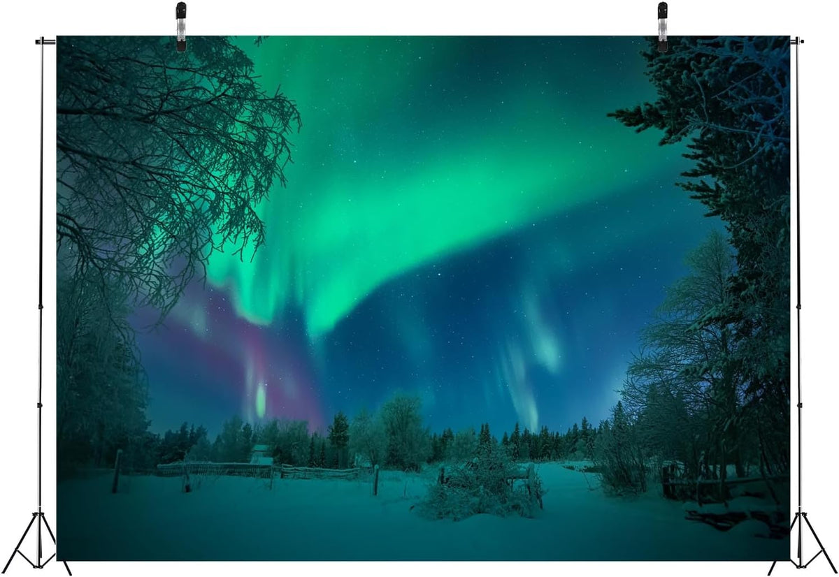 BELECO 10x6.5ft Fabric Aurora Borealis Backdrop Winter Forest Snowfield Northern Lights Night Sky Background Polar