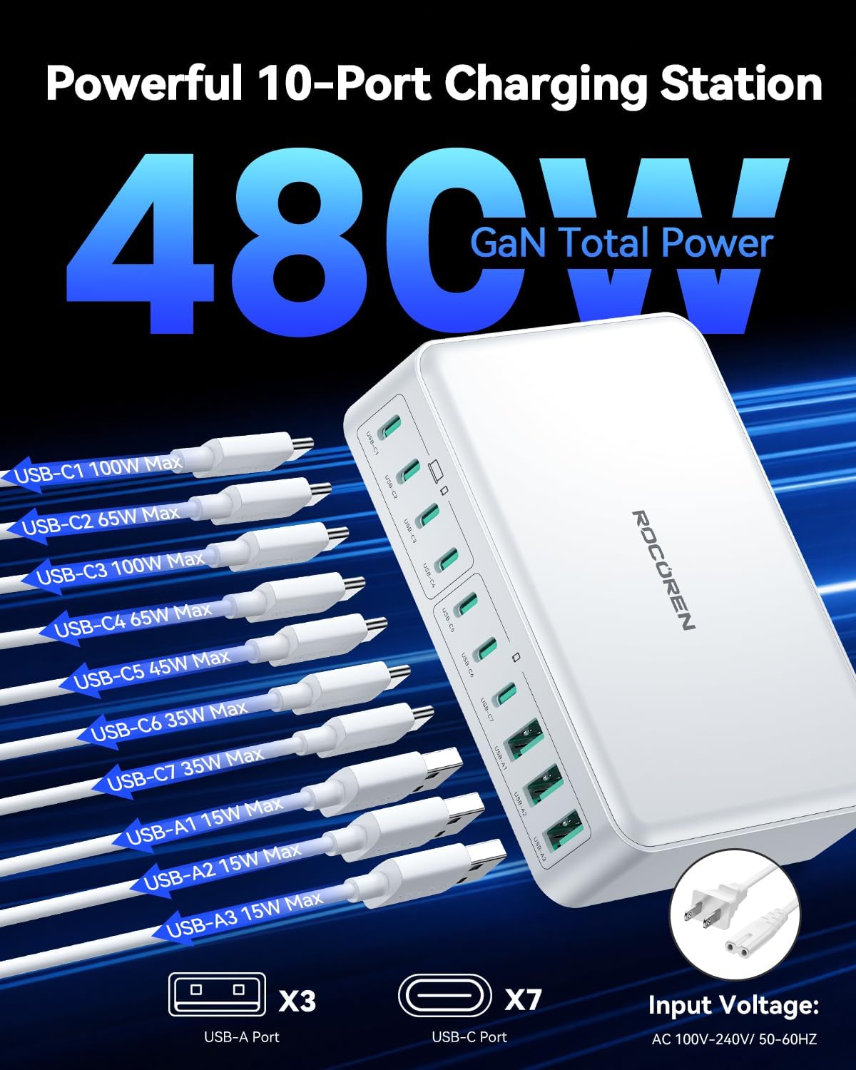 480W USB C Charger Block, Rocoren 10-Ports USB C Charging Station for Multiple Devices,PD 100W Type c Gan Fast Charger Station Multi USBC Charging Hub for Laptop MacBook HP iPad iPhone Samsung