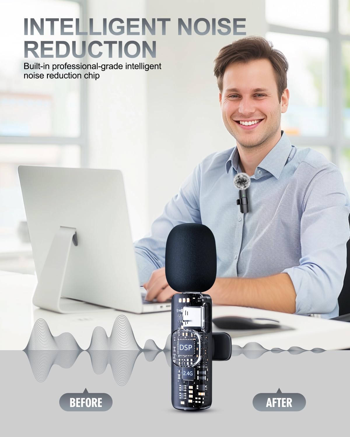 PQRQP 3 in 1 Professional Wireless Lavalier Microphone for iPhone, Android, Camera, Wireless Microphones, Mini Microphone, Crystal Clear Sound Quality for Recording, Live Streaming, YouTube, TikTok