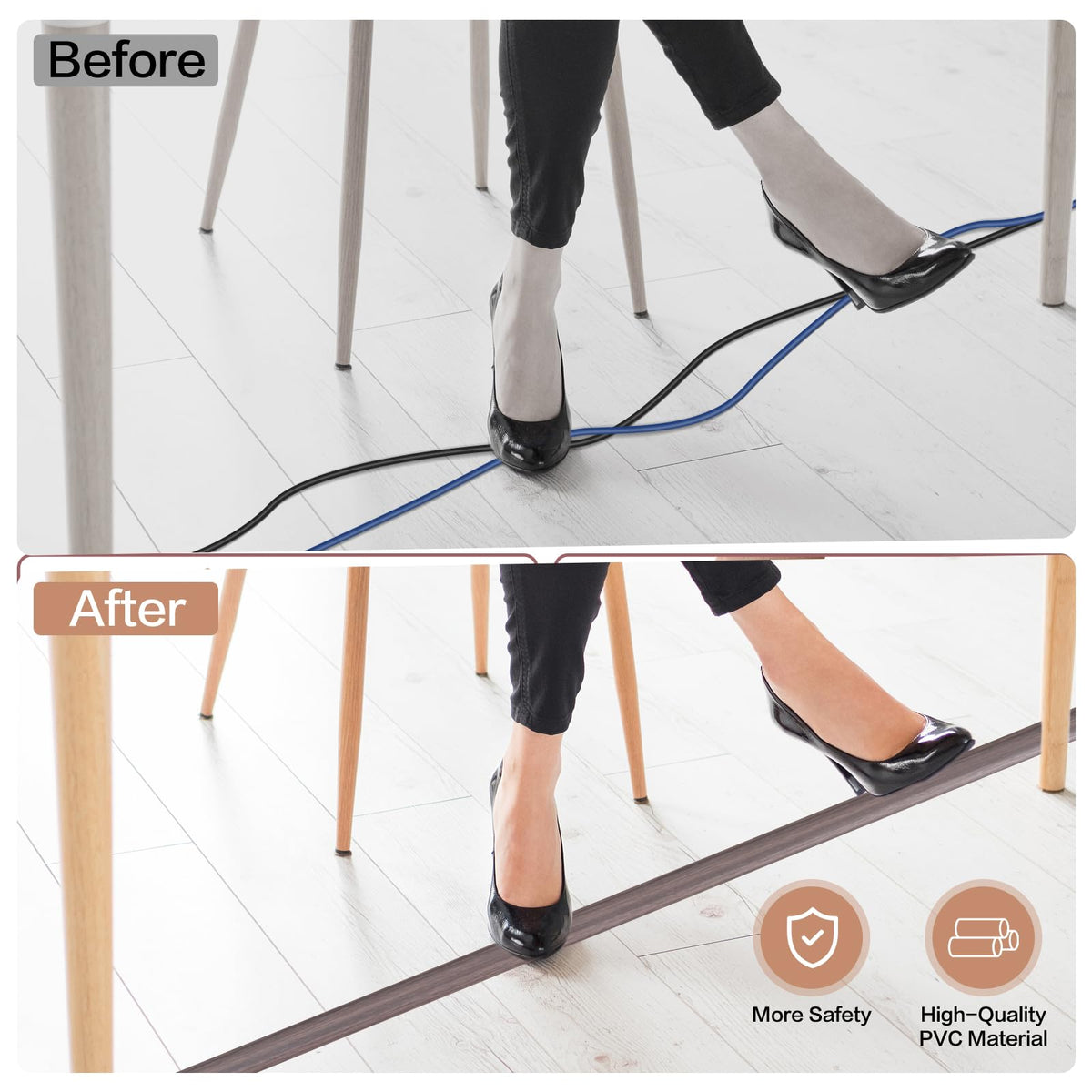 Floor Cord Cover Self Adhesive Cord Hider Floor Extension Cord Covers for Floor Power Cord Protector Cable Management Prevent Cable Trips Cable Cavity 0.47" W x 0.27" H (Brown Walnut Wood, 10Ft)