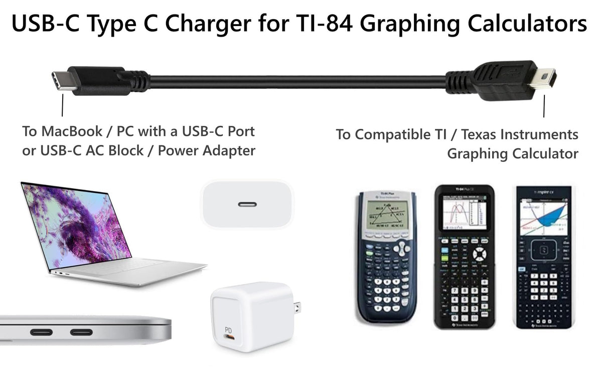USB-C TI-84 Plus CE/TI-Nspire CX II CAS Calculator Charger Cable Cord Compatible with MacBook, PC, HP, Acer, Dell, Lenovo, Asus, Chromebook, Laptop
