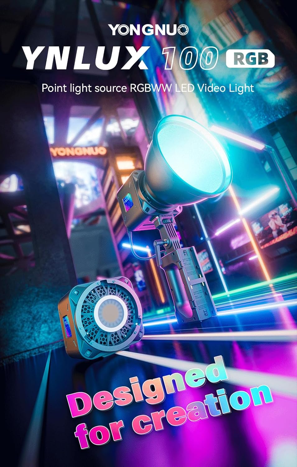 YONGNUO YNLUX100 RGB 120W LED Video Light Handheld Light with Bowens Mount 2700k-10000k Bi-Color tempreture and RGB 2.4G APP Remote Control for Studio Video, YouTube, Vlog, Live Stream, Filming, etc