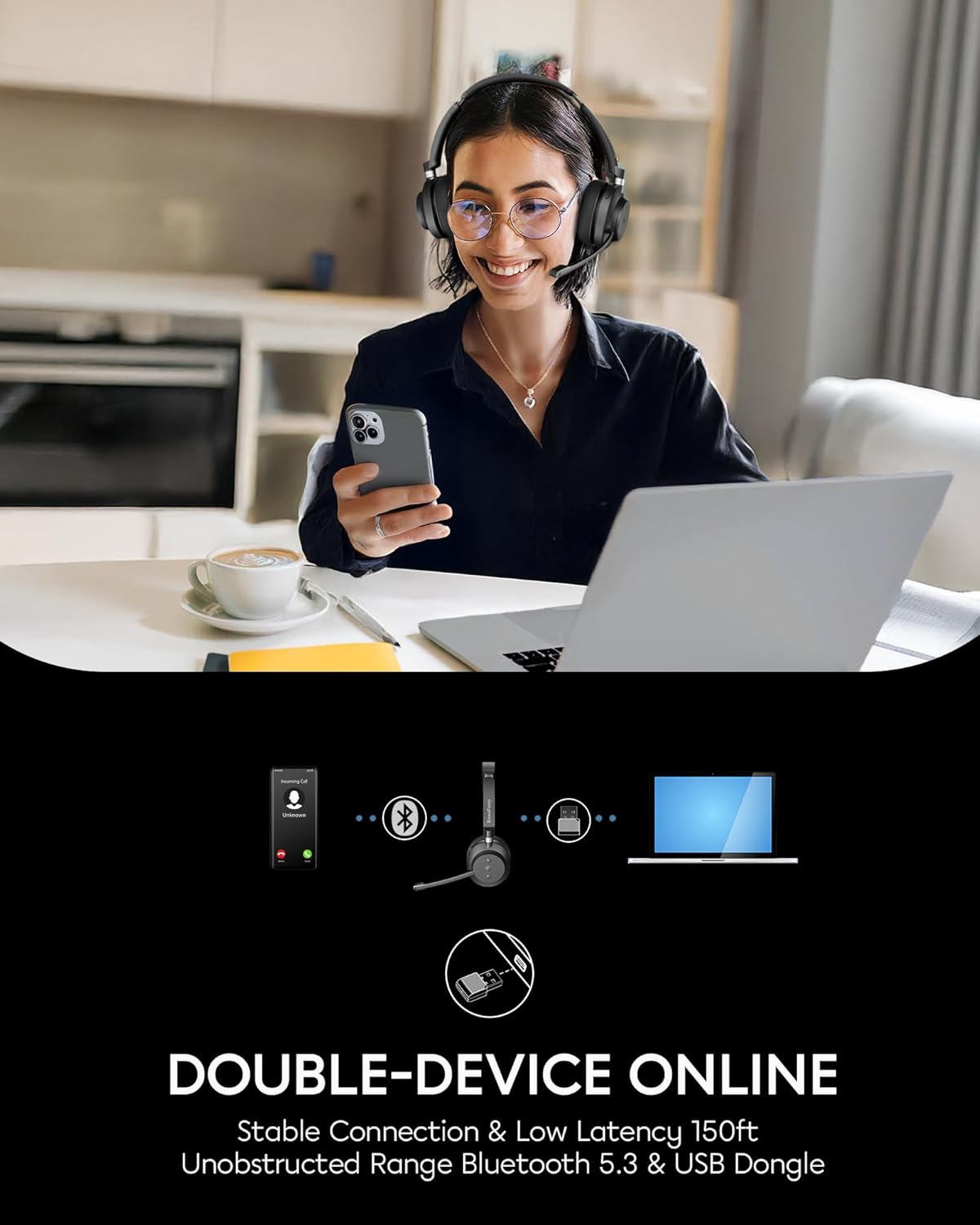 Wireless Headset with Mic for Work, Bluetooth 5.3, Advanced Noise Reduction Microphone, & HD Microphone & HiFi Stereo & Ultra Lightweight Comfortable Bluetooth Headphones for PC, Laptop, Phone,Zoom