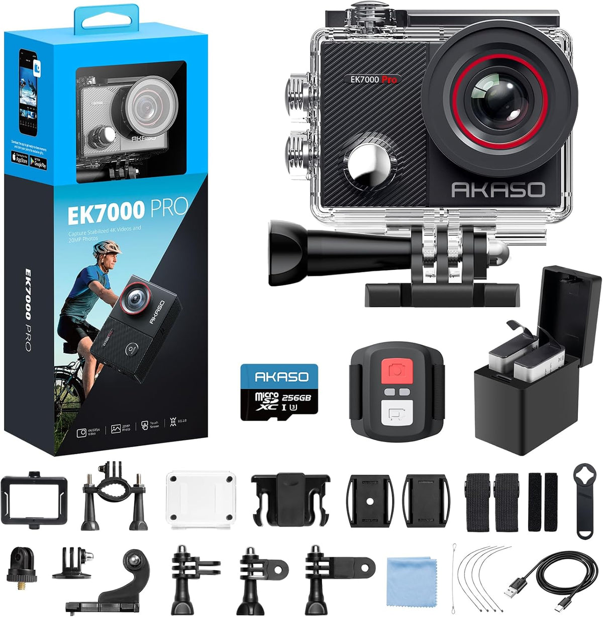 AKASO EK7000 Pro 4K30fps Action Camera with 256GB MicroSDXC U3 Card Accessories Kit Bundle, 20MP Ultra HD 131ft Waterproof Underwater Camera EIS WiFi Remote Control 5X Zoom Sport Cameras