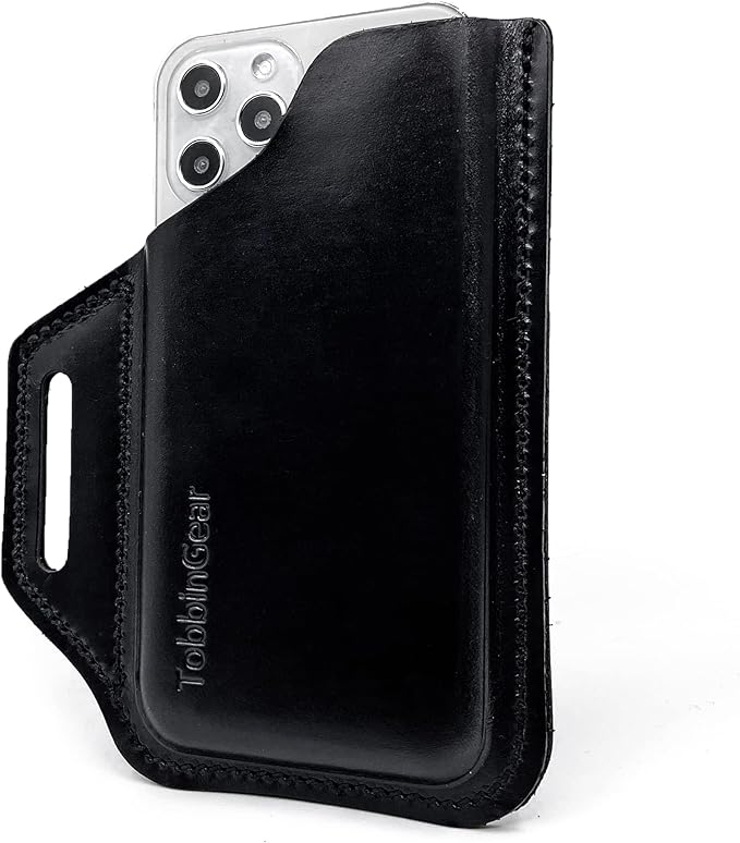 TobbinGear Leather Belt Phone Pouch, Leather Cell Phone Holster, Universal Phone Case with Belt Loops, for Men and Women Large Black