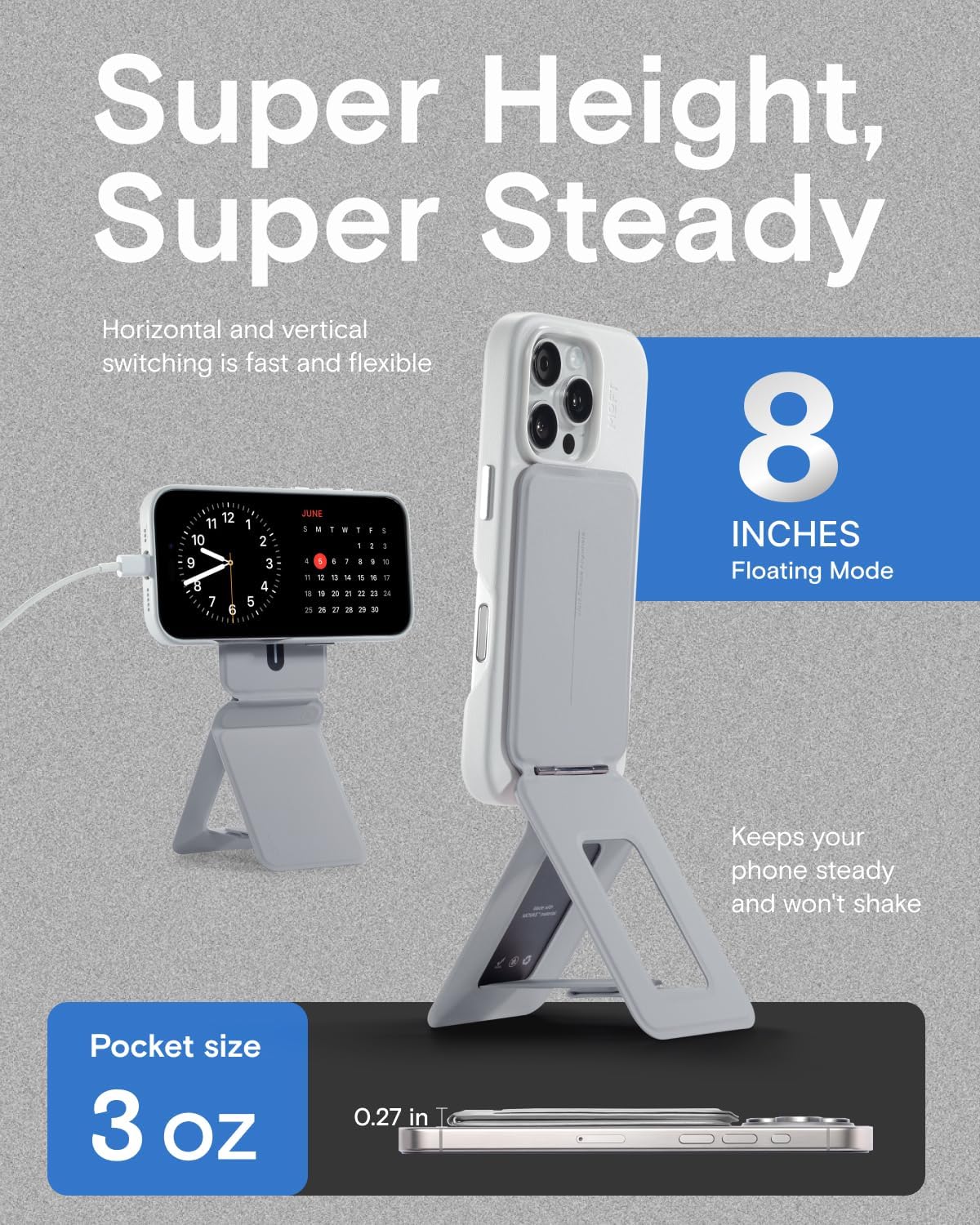 MOFT Phone Tripod Stand Selfie Stick for iPhone, Multi-Angles iPhone Stand, Lightweight & Portable Phone Holder, Strong Magnets, MOVAS Vegan Leather, Travel Essentials, Cement (Without Card Slot)