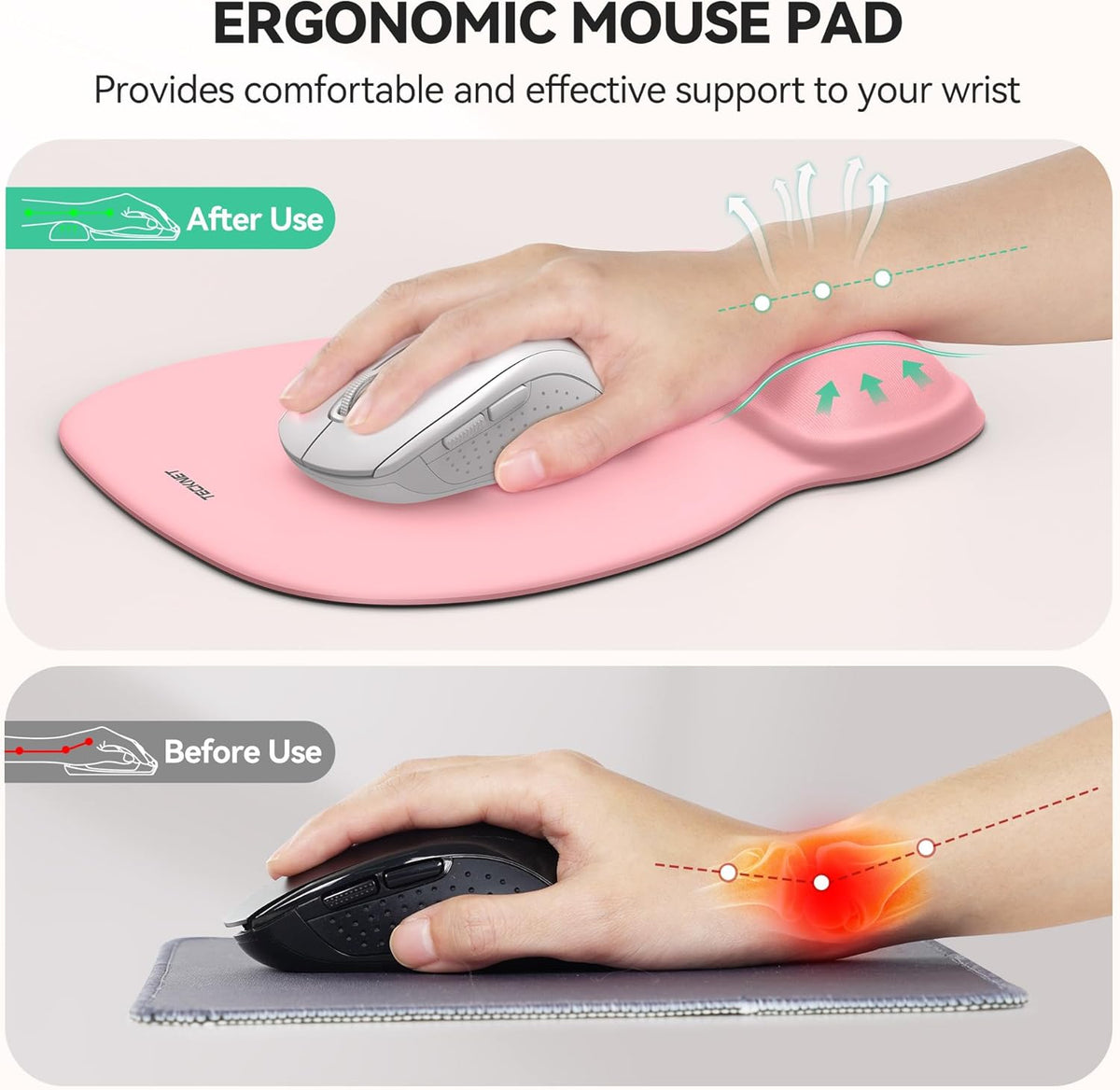 TECKNET Gel Mouse Pad with Wrist Rest, Ergonomic Office Mousepad with Wrist Support - Non-Slip & Smooth Surface Comfortable Desk Accessories Mat for Office, Gaming and Study - Pink