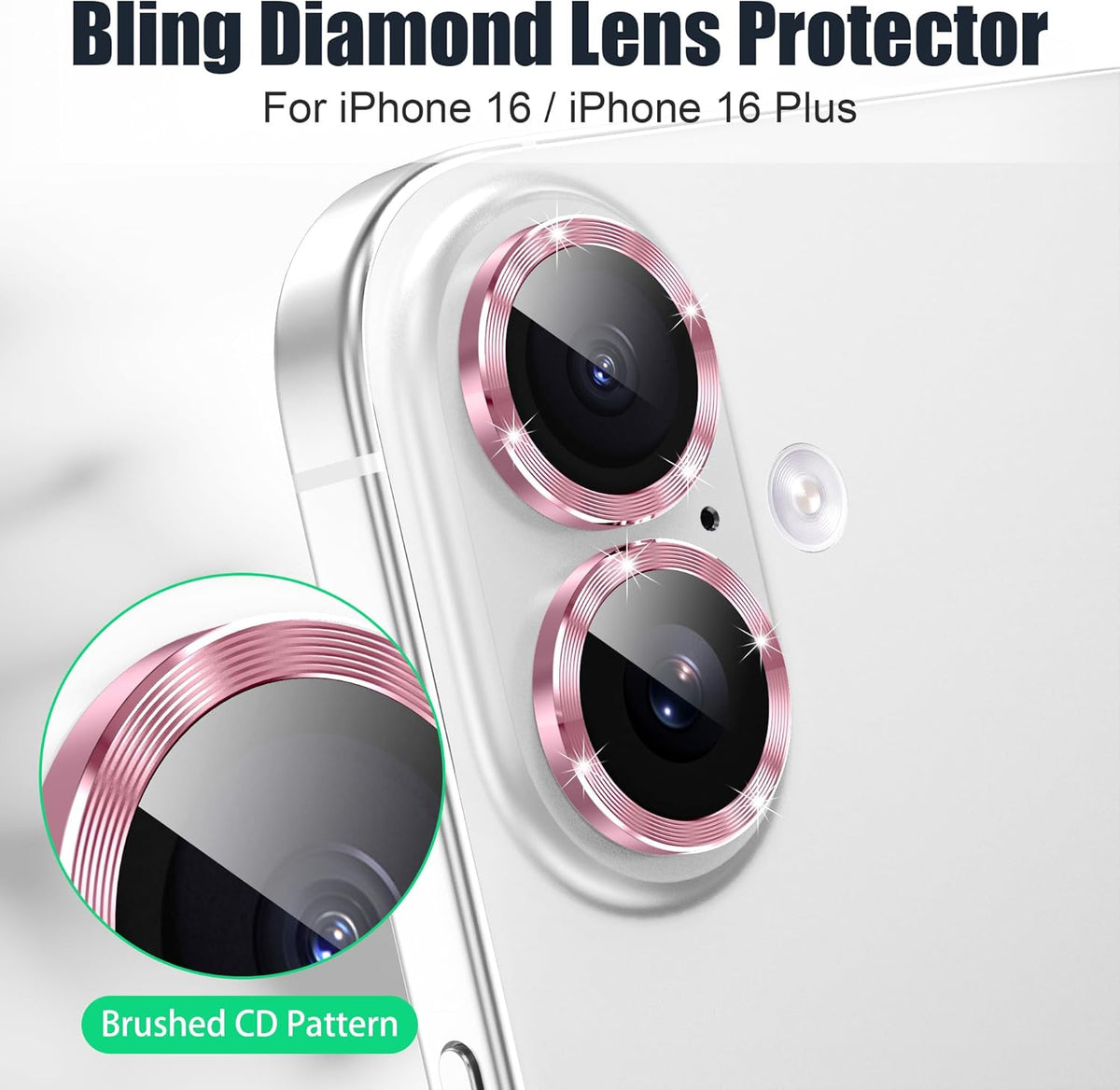 AGVEE 3+3 6 Pack for iPhone 16 6.1" / 16 Plus 6.7" Camera Lens Cover Protector, Bling Glitter & CD-Textured Metal Ring 9H Tempered HD Glass Camera Cover Protector Film, Glitter-Pink